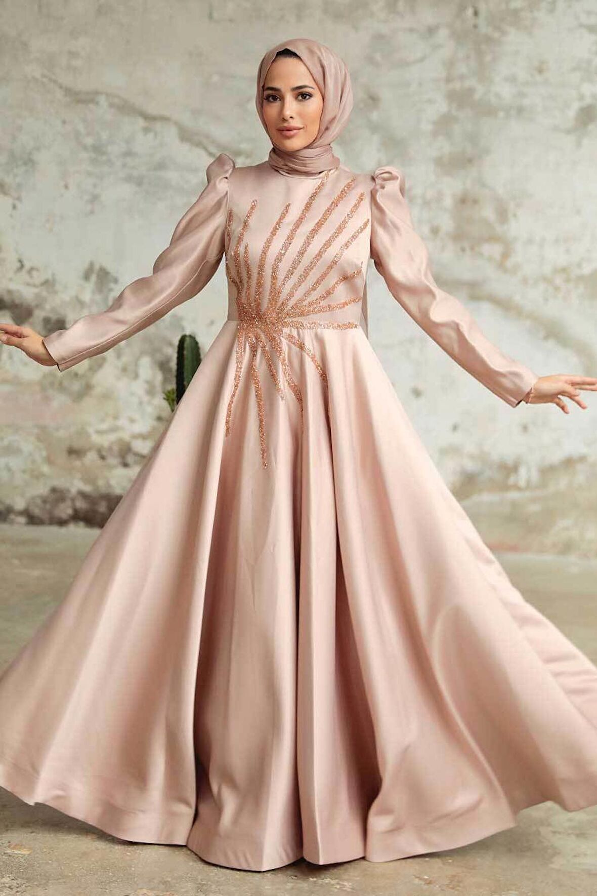 Boncuk İşlemeli Vizon Saten Tesettür Abiye 2265V