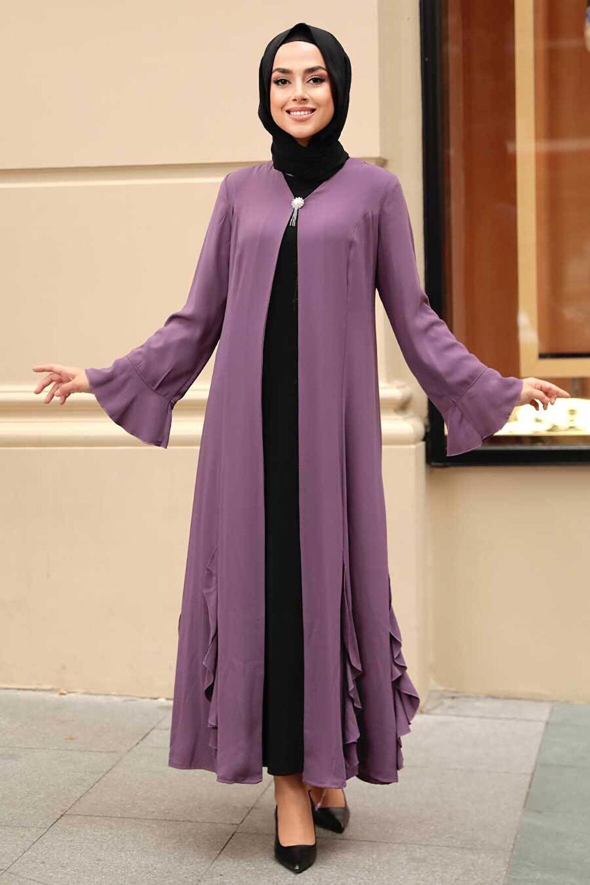 Fırfır Detaylı Gül Kurusu Tesettür Abaya 1535GK