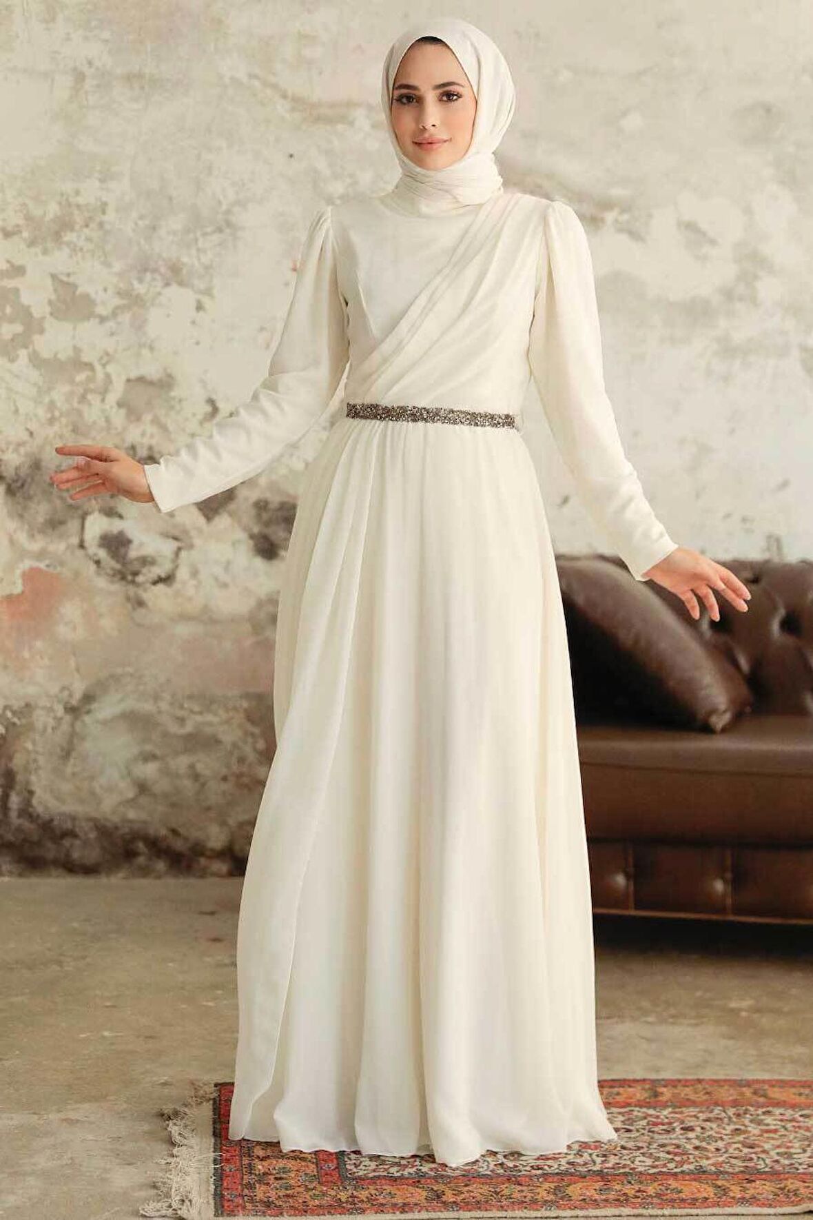 Tesettürlü Abiye Elbise - Drape Detaylı Ekru Tesettür Abiye Elbise 5737E