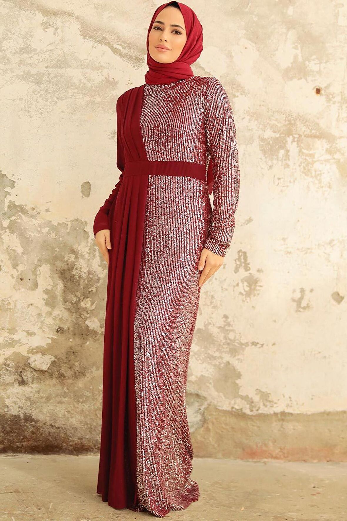 Pul Payetli Bordo Tesettür Abiye Elbise 25851BR