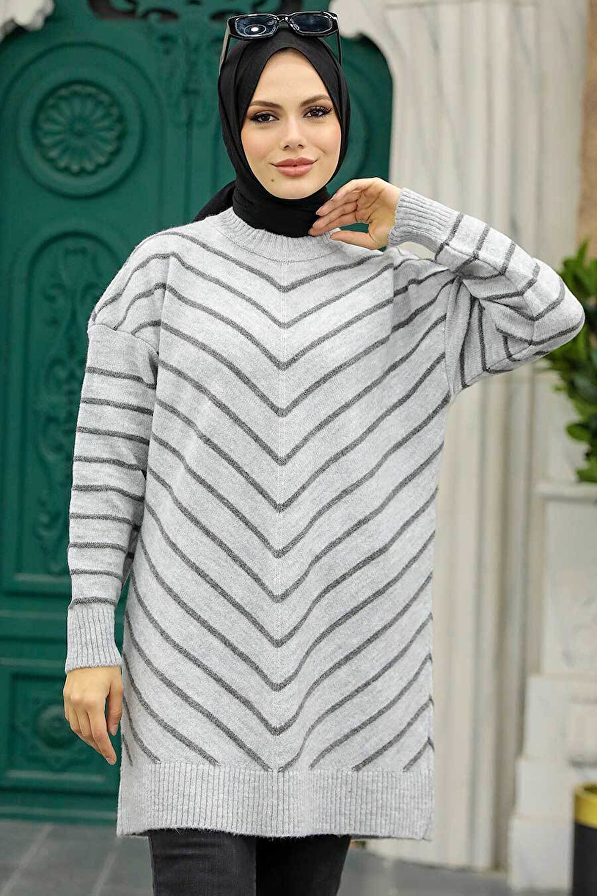 Çizgili Gri Tesettür Triko Kazak 81861GR