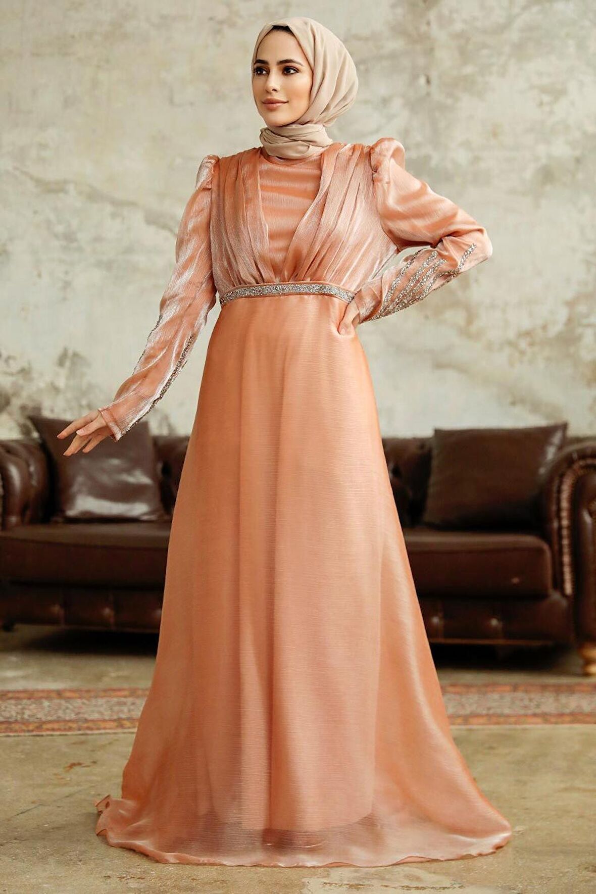 Boncuk İşlemeli Somon Tesettür Abiye Elbise 25854SMN