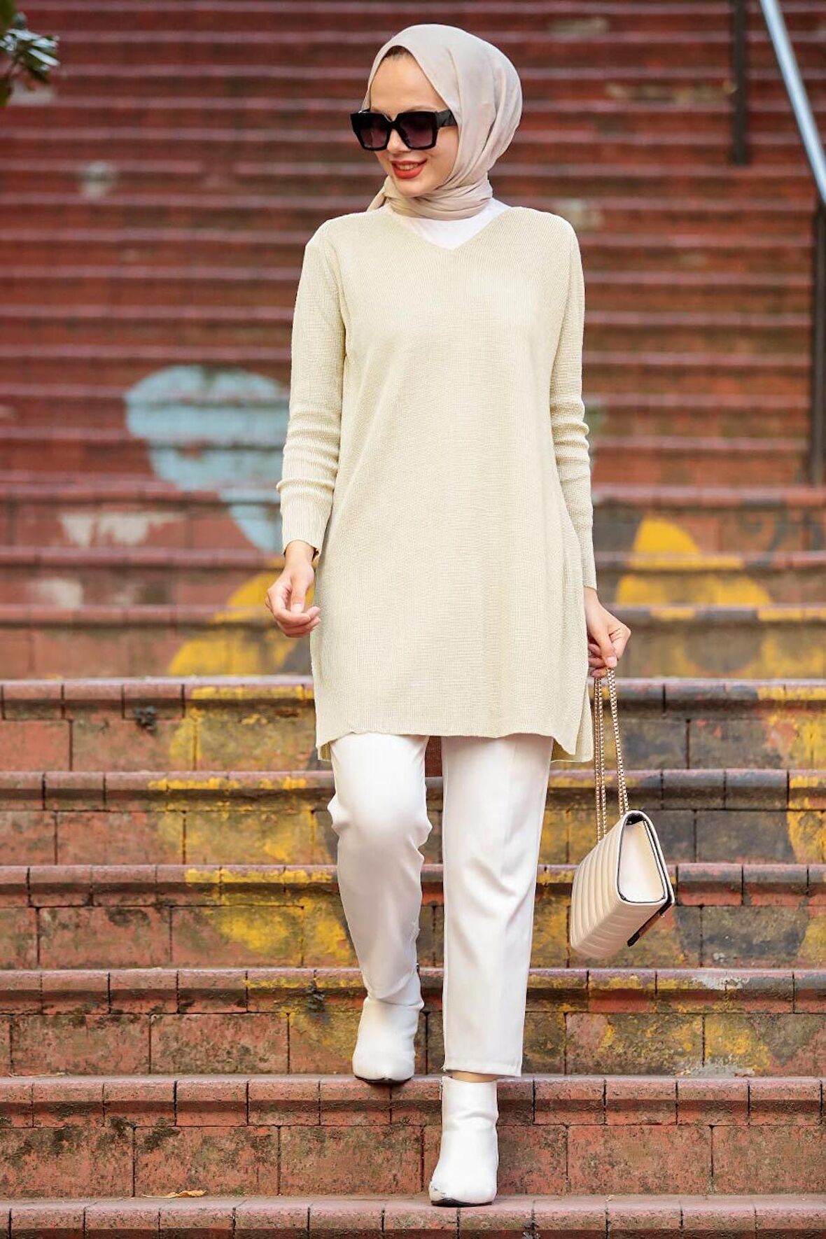 Krem Tesettür Triko Tunik 18120KR