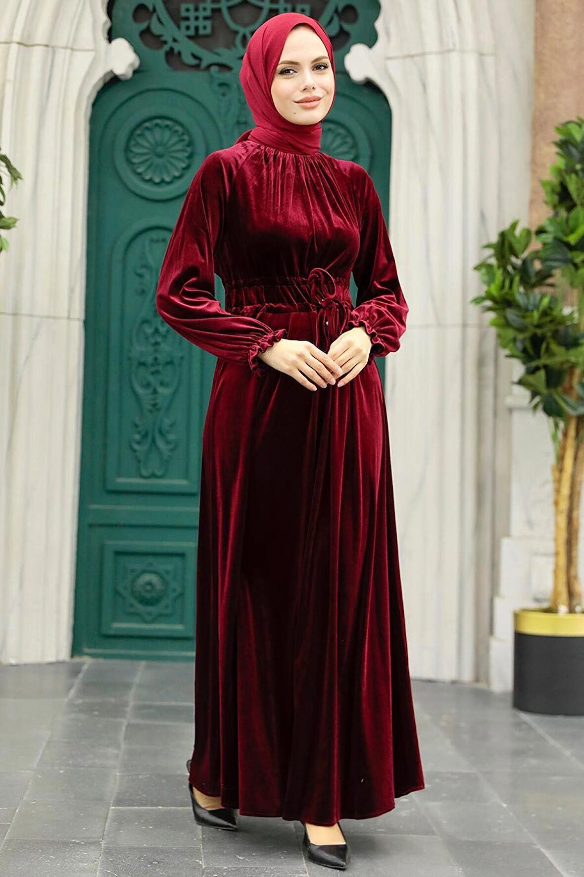 Neva Style - Bordo Tesettür Kadife Elbise 36921BR