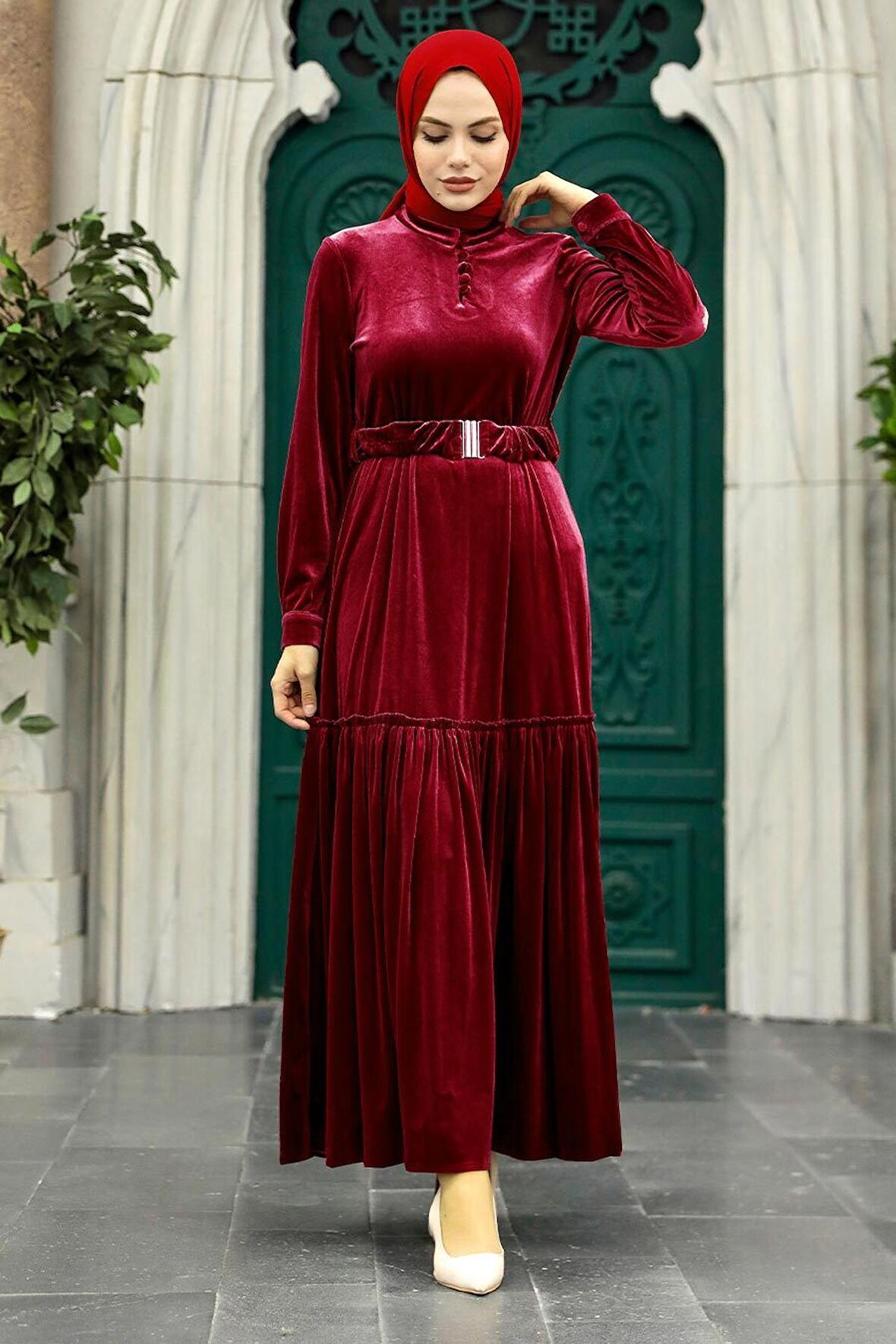 Neva Style - Kemerli Bordo Tesettür Kadife Elbise 36971BR