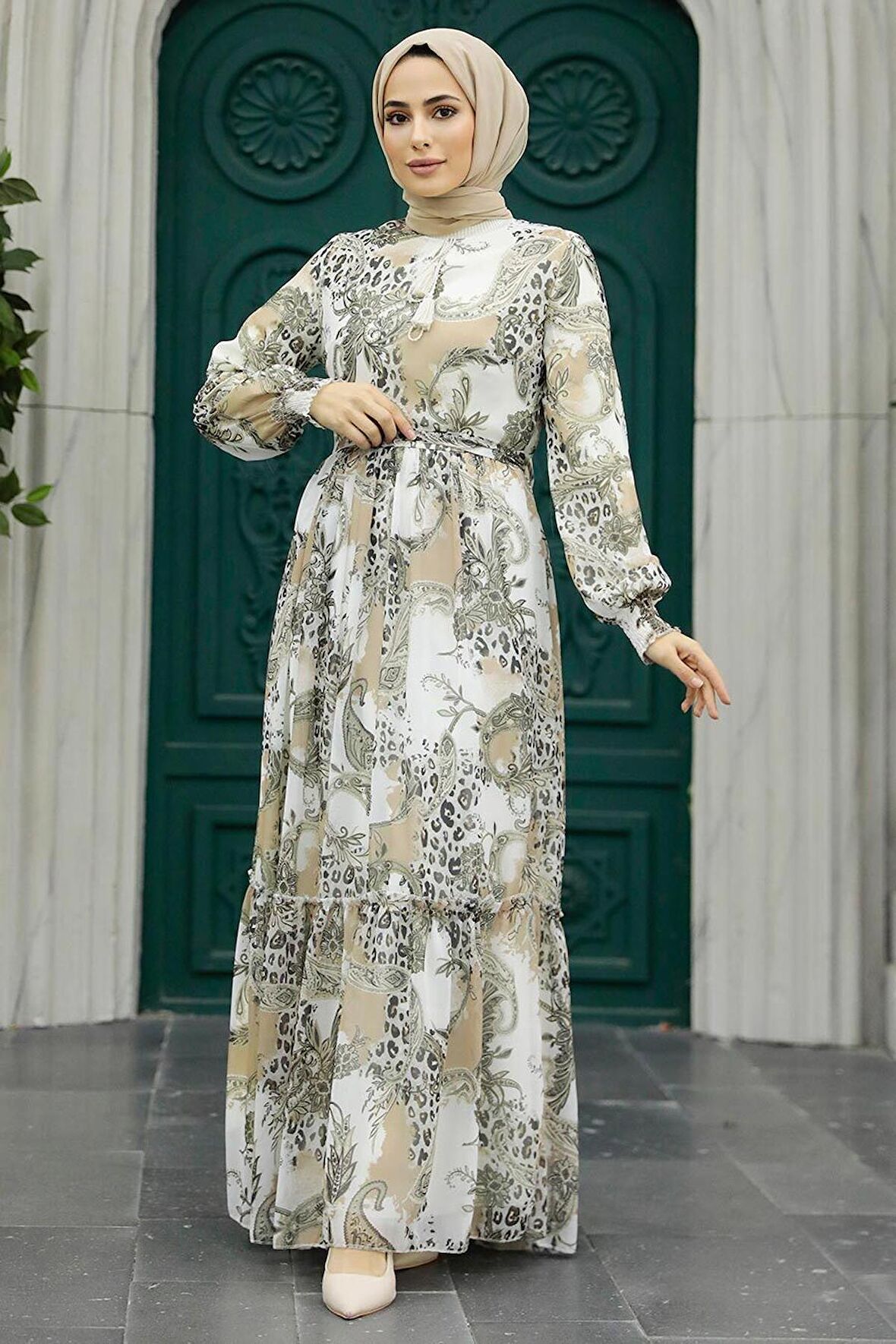 Desenli Bej Tesettür Elbise 33562BEJ