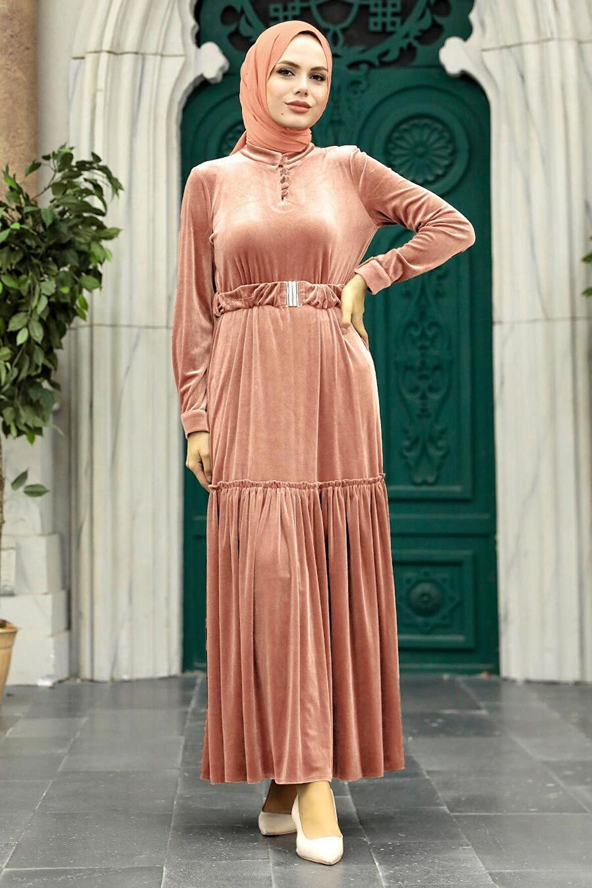 Neva Style - Kemerli Pudra Tesettür Kadife Elbise 36971PD