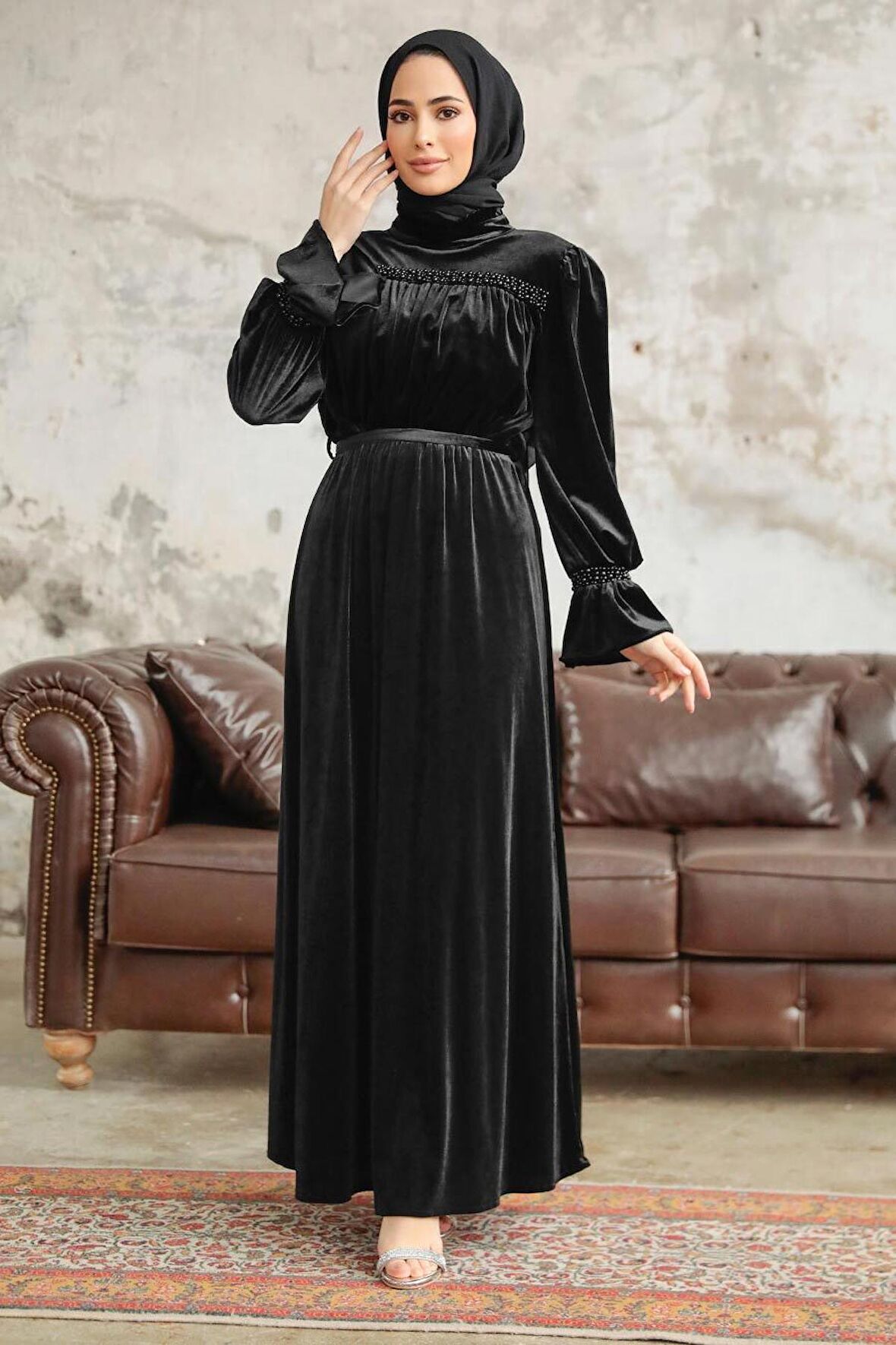 Neva Style - Kemerli Siyah Tesettür Kadife Elbise 37291S
