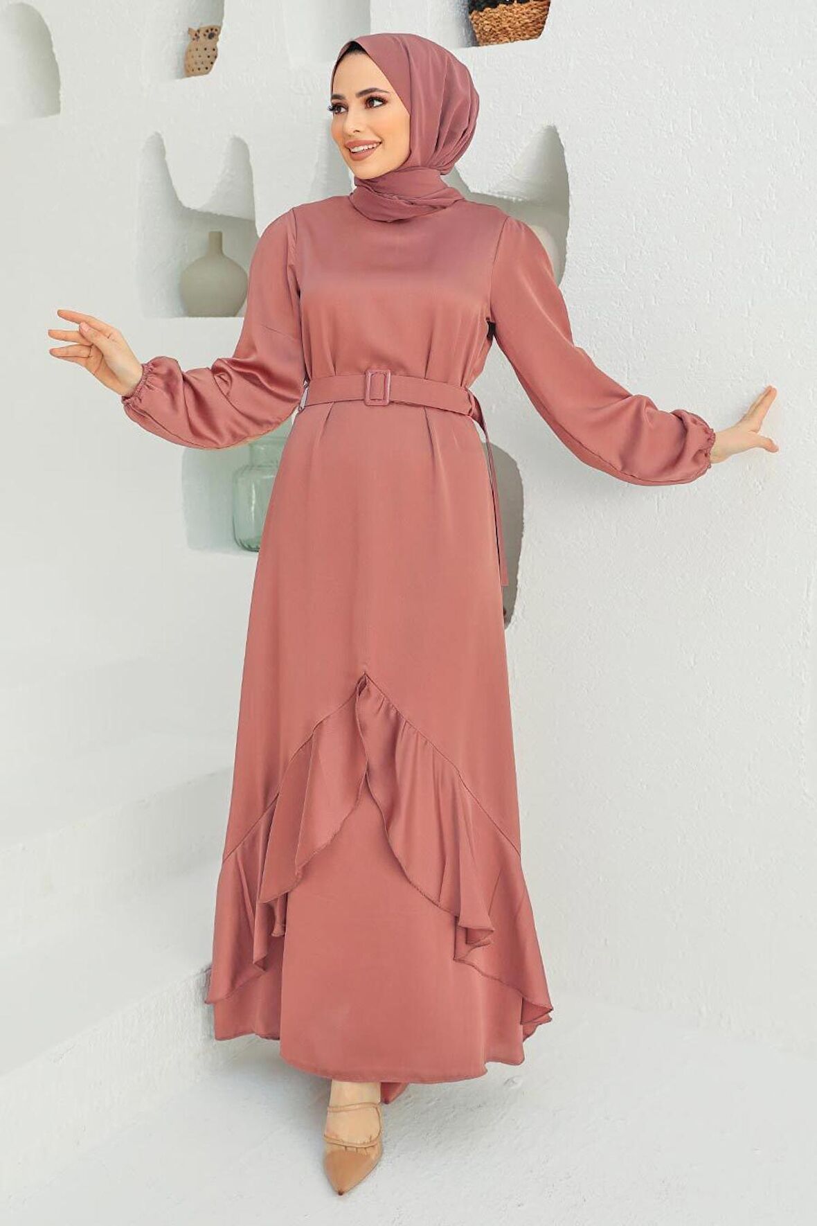 Volanlı Gül Kurusu Tesettür Abiye Elbise 4566GK