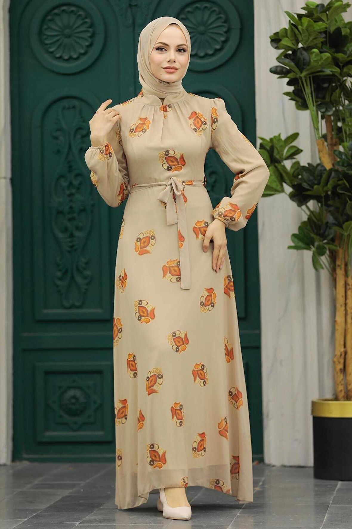 Çiçek Desenli Vizon Tesettür Elbise 27937V