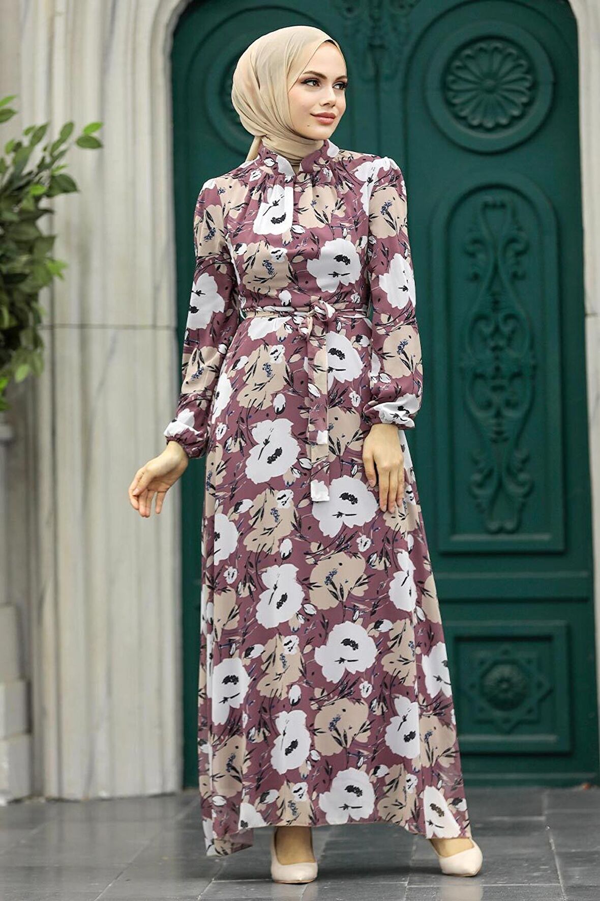Çiçek Desenli Gül Kurusu Tesettür Elbise 27939GK