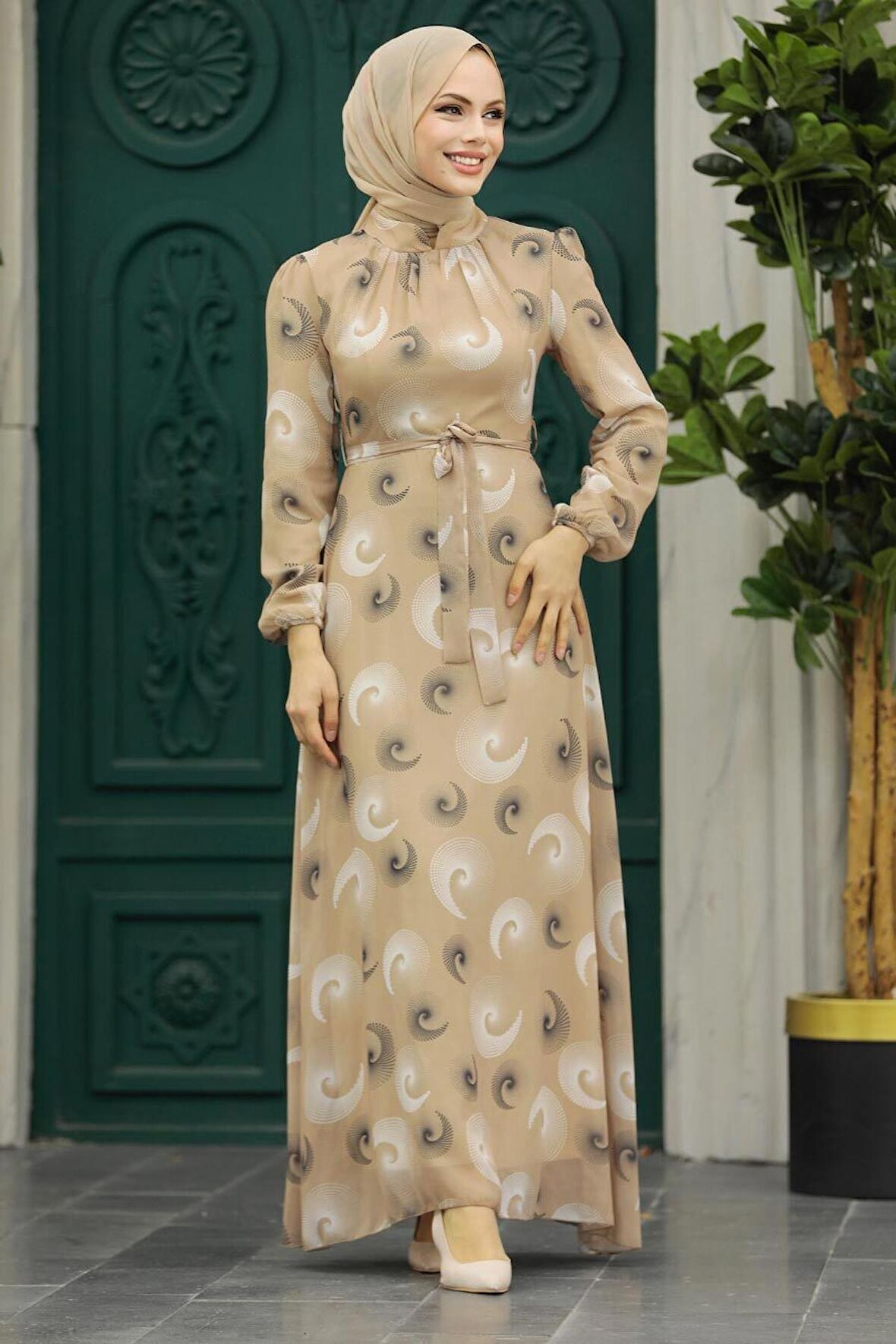 Desenli Bej Tesettür Elbise 27945BEJ