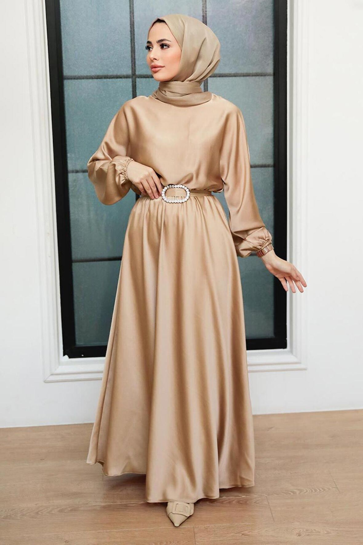Bisküvi Saten Tesettür Elbise 5727BS