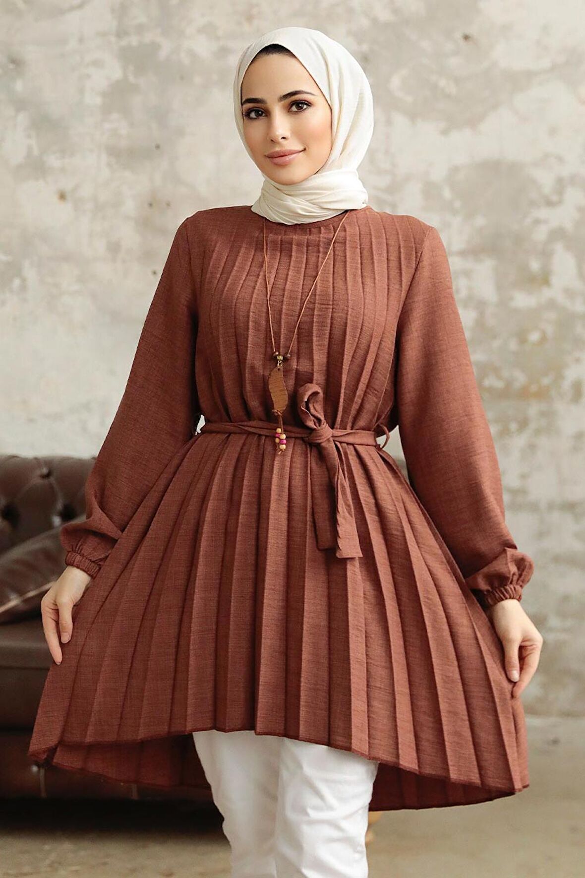 Pileli Kahverengi Tesettür Tunik 41233KH