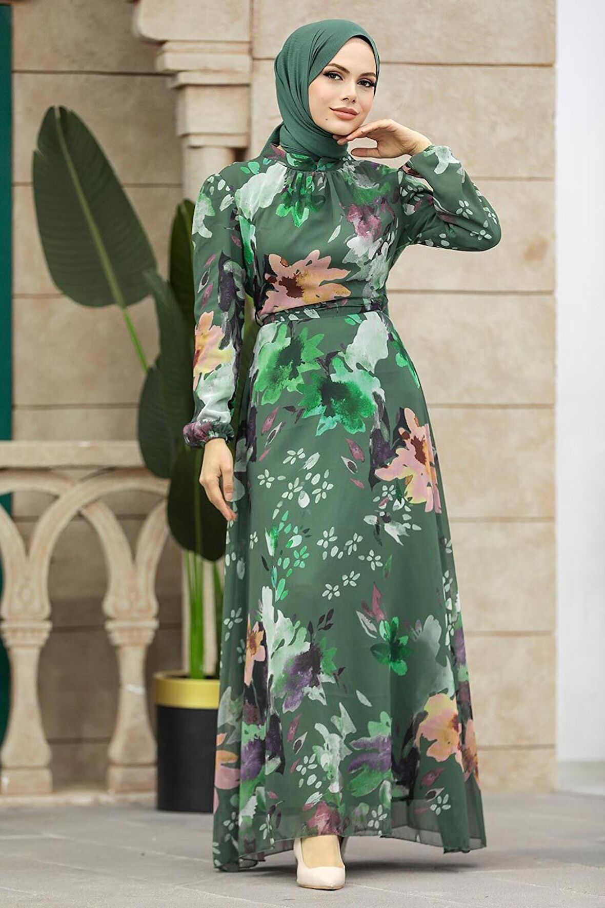 Çiçek Desenli Haki Tesettür Elbise 27942HK