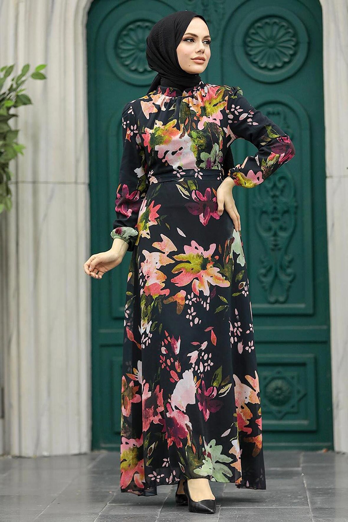 Çiçek Desenli Pudra Tesettür Elbise 27942PD