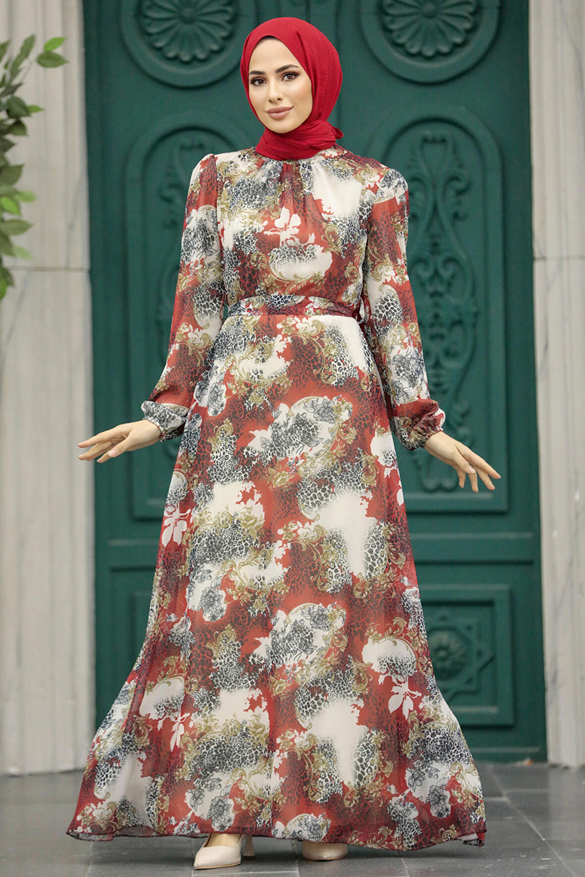 Çiçek Desenli Kiremit Tesettür Elbise 27944KRMT