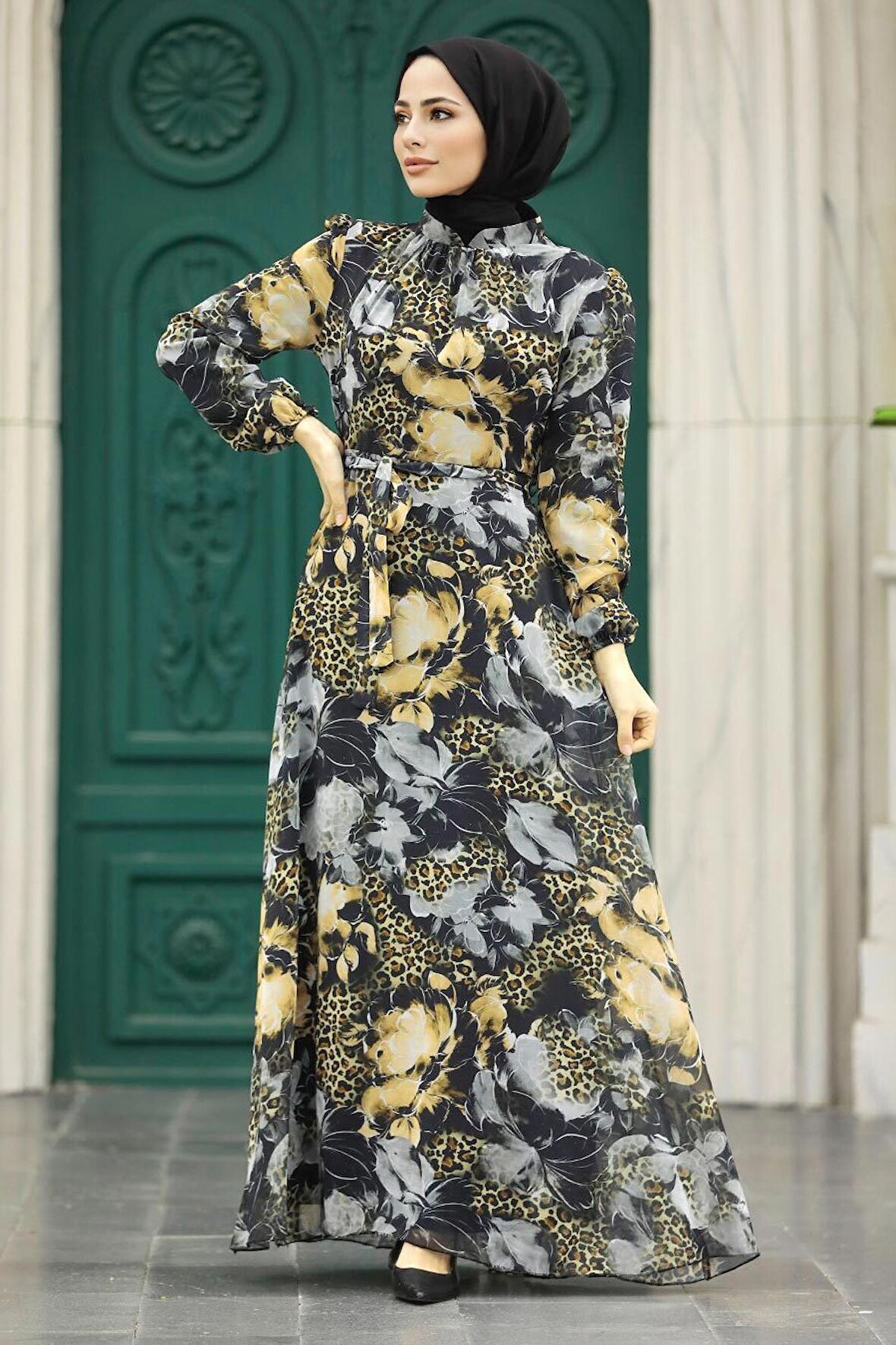 Çiçek Desenli Gri Tesettür Elbise 279312GR