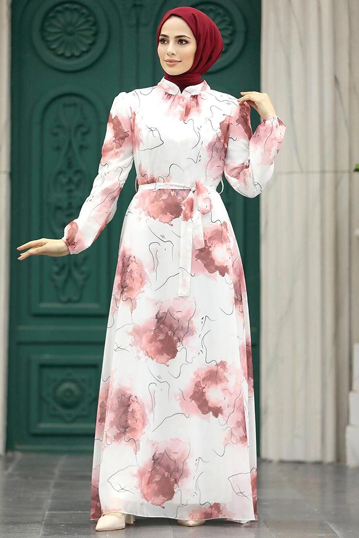 Desenli Somon Tesettür Elbise 279313SMN