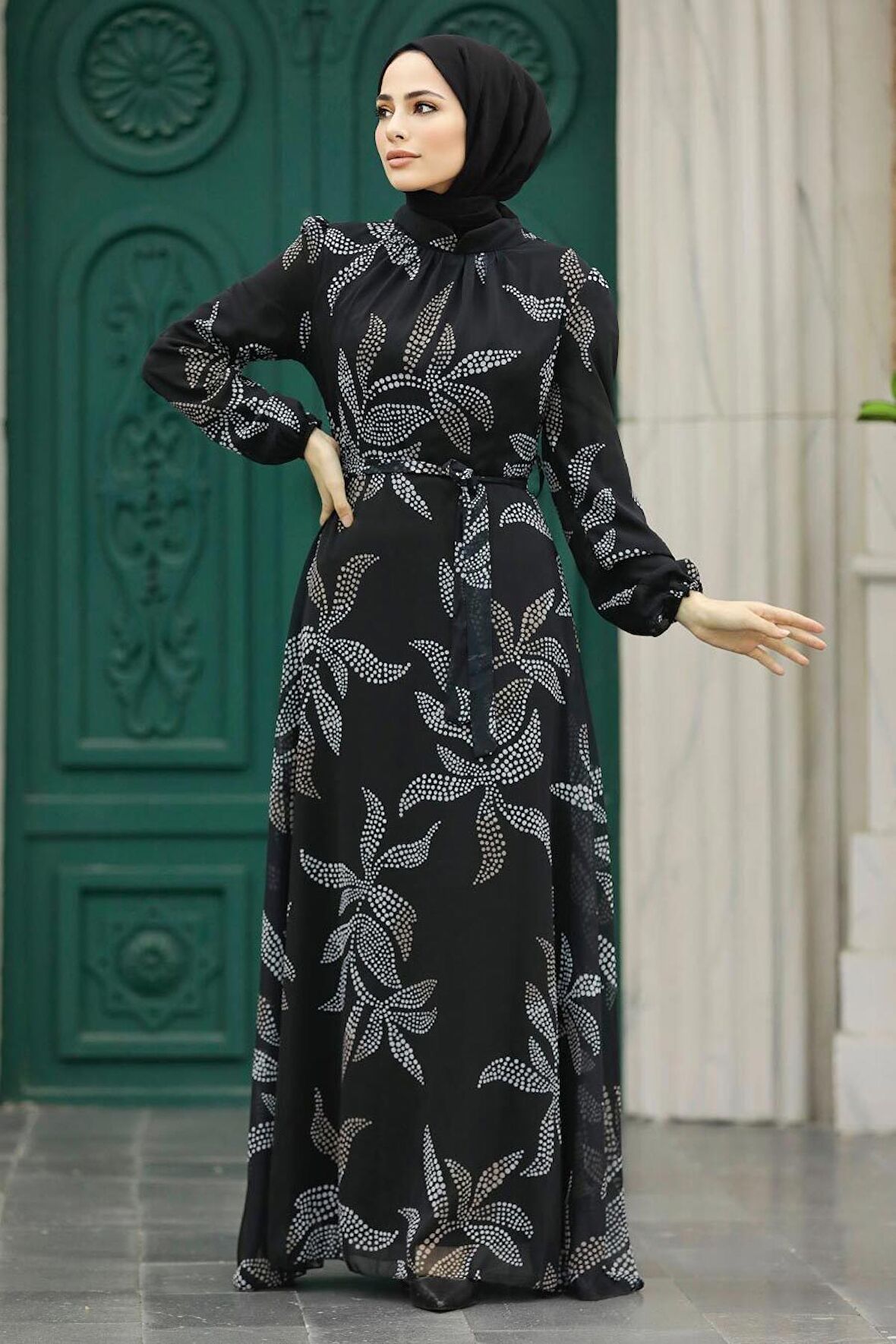 Yaprak Desenli Siyah Tesettür Elbise 279310S