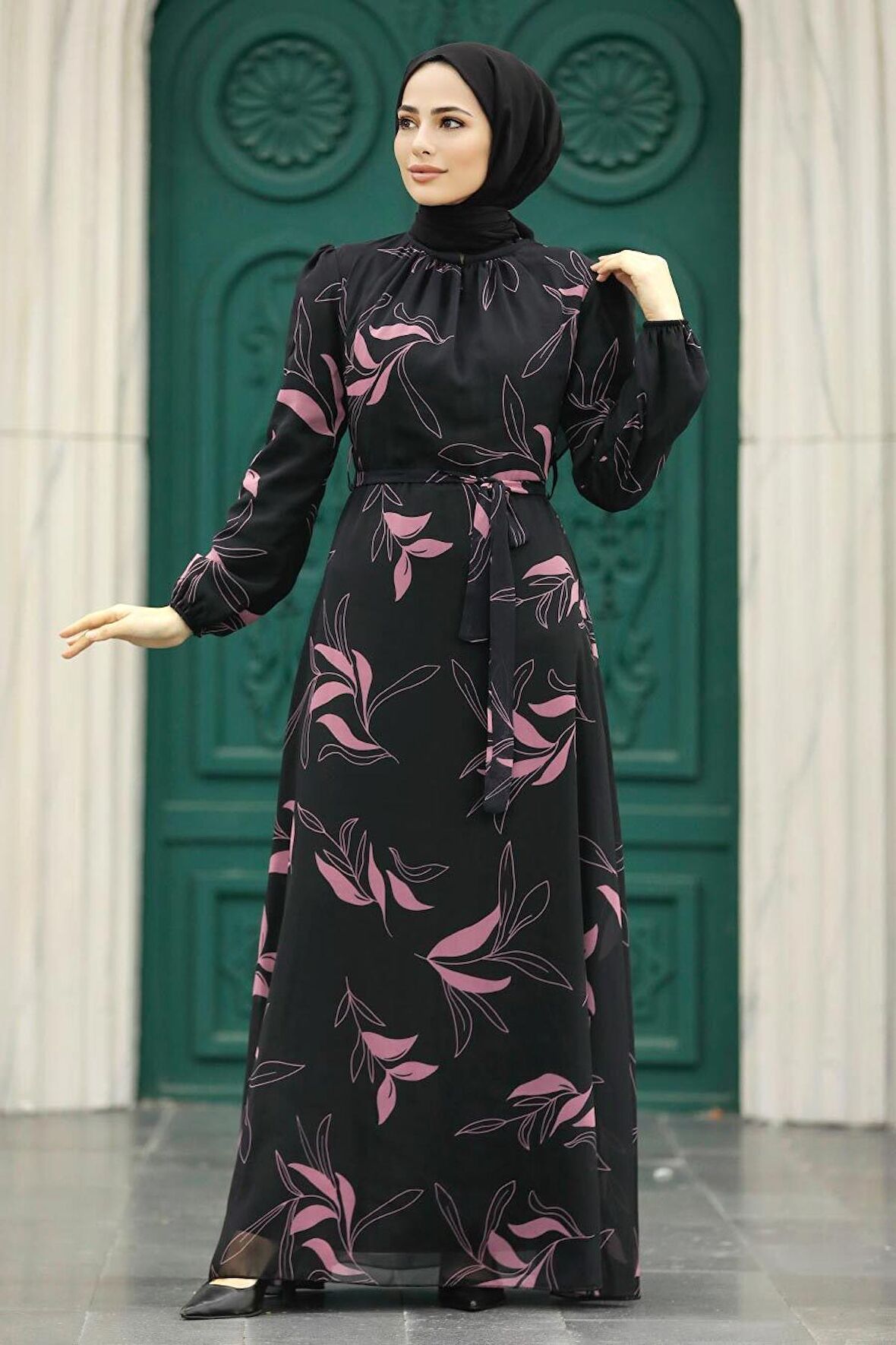 Yaprak Desenli Gül Kurusu Tesettür Elbise 279315GK