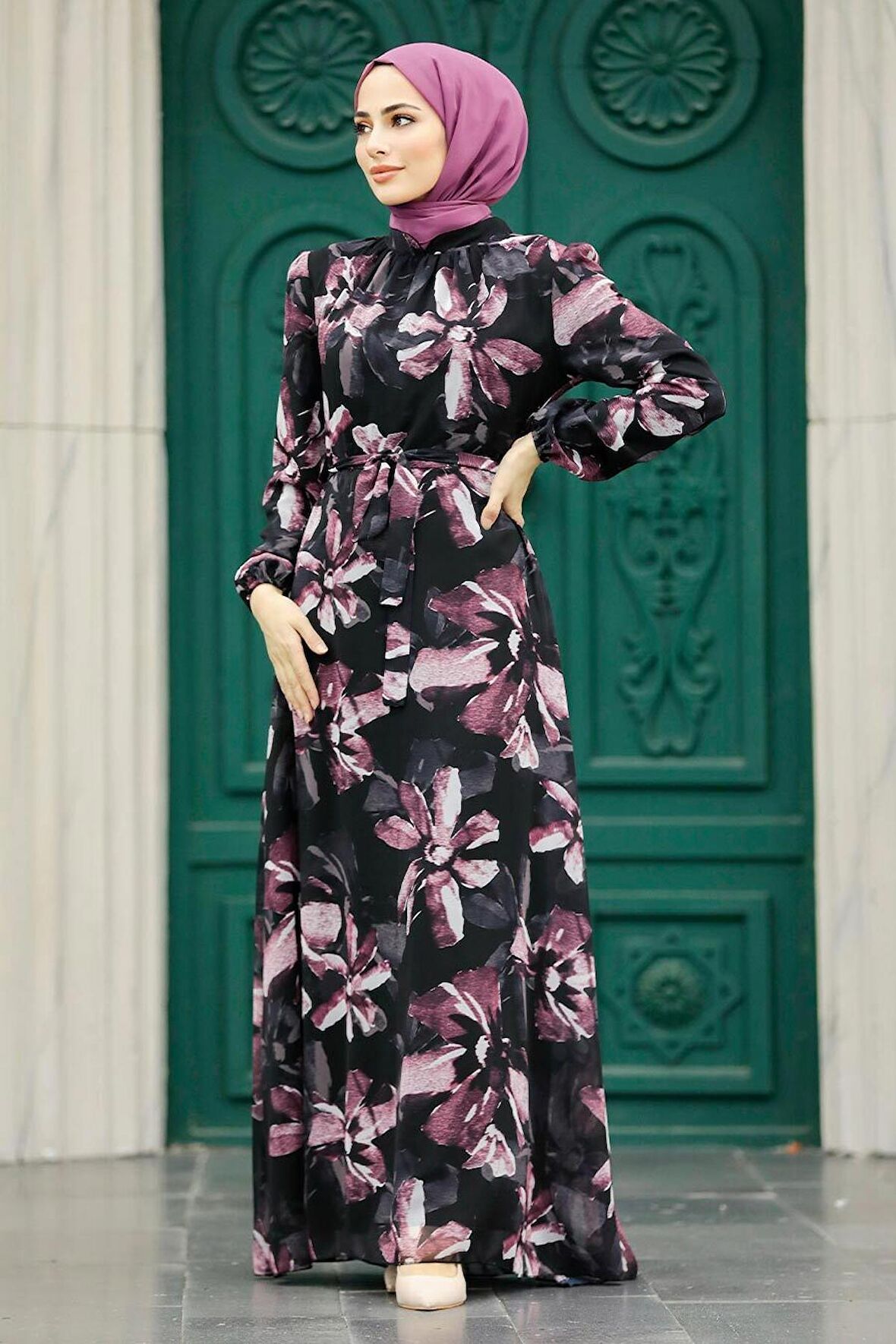 Çiçek Desenli Gül Kurusu Tesettür Elbise 279322GK