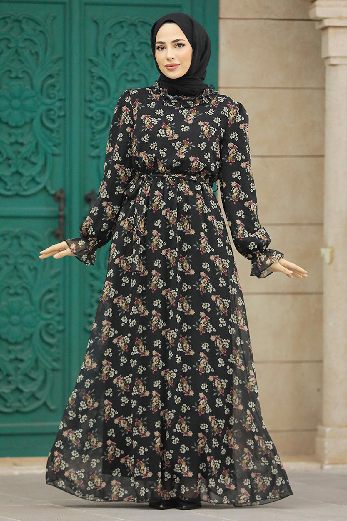 Çiçek Desenli Siyah Tesettür Elbise 29713S