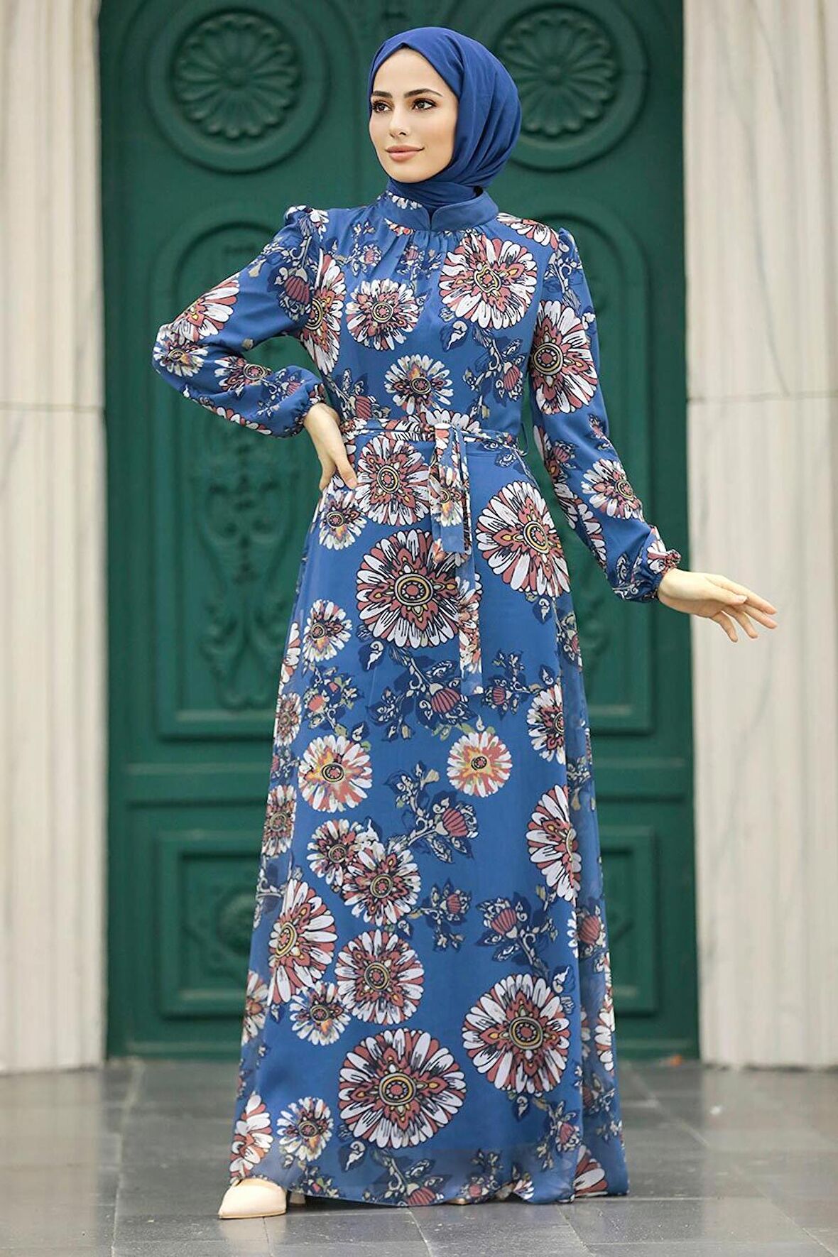 Çiçek Desenli İndigo Mavisi Tesettür Elbise 279320IM