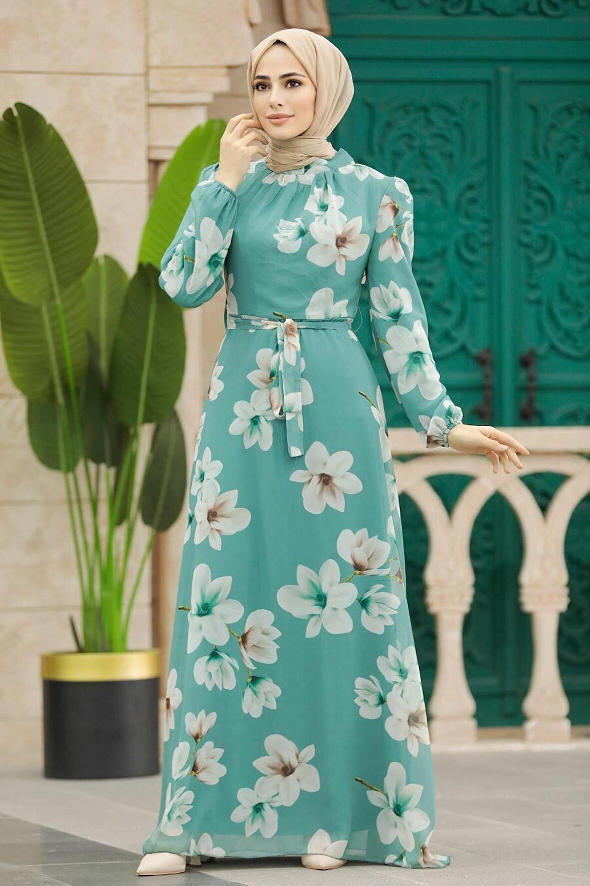 Çiçek Desenli Çağla Yeşili Tesettür Elbise 279314CY