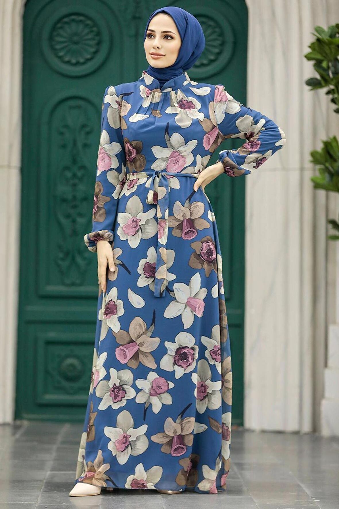 Çiçek Desenli İndigo Mavisi Tesettür Elbise 279325IM