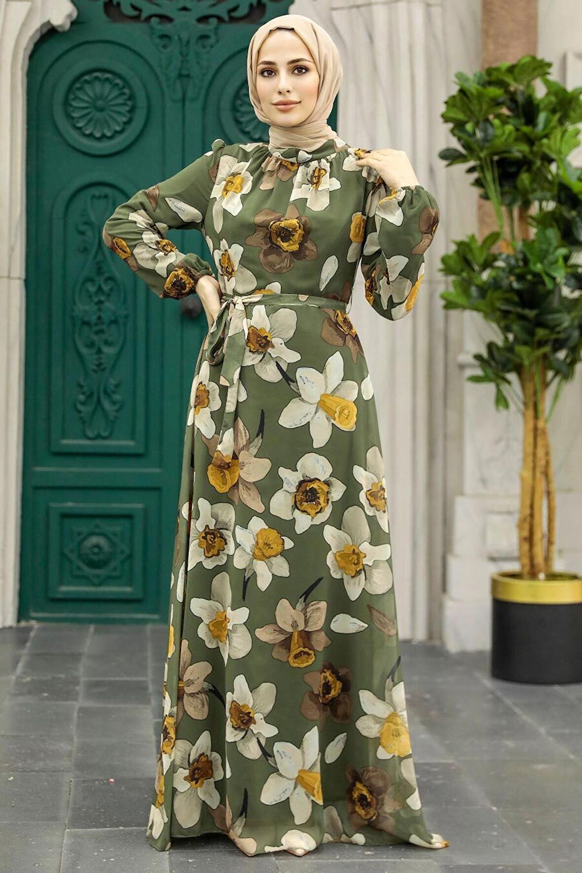 Çiçek Desenli Haki Tesettür Elbise 279325HK