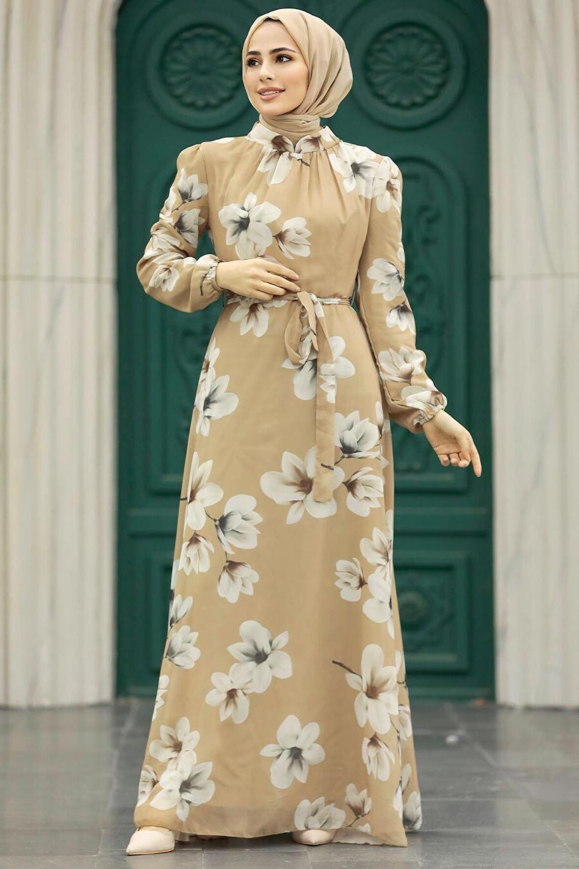 Çiçek Desenli Bisküvi Tesettür Elbise 279314BS
