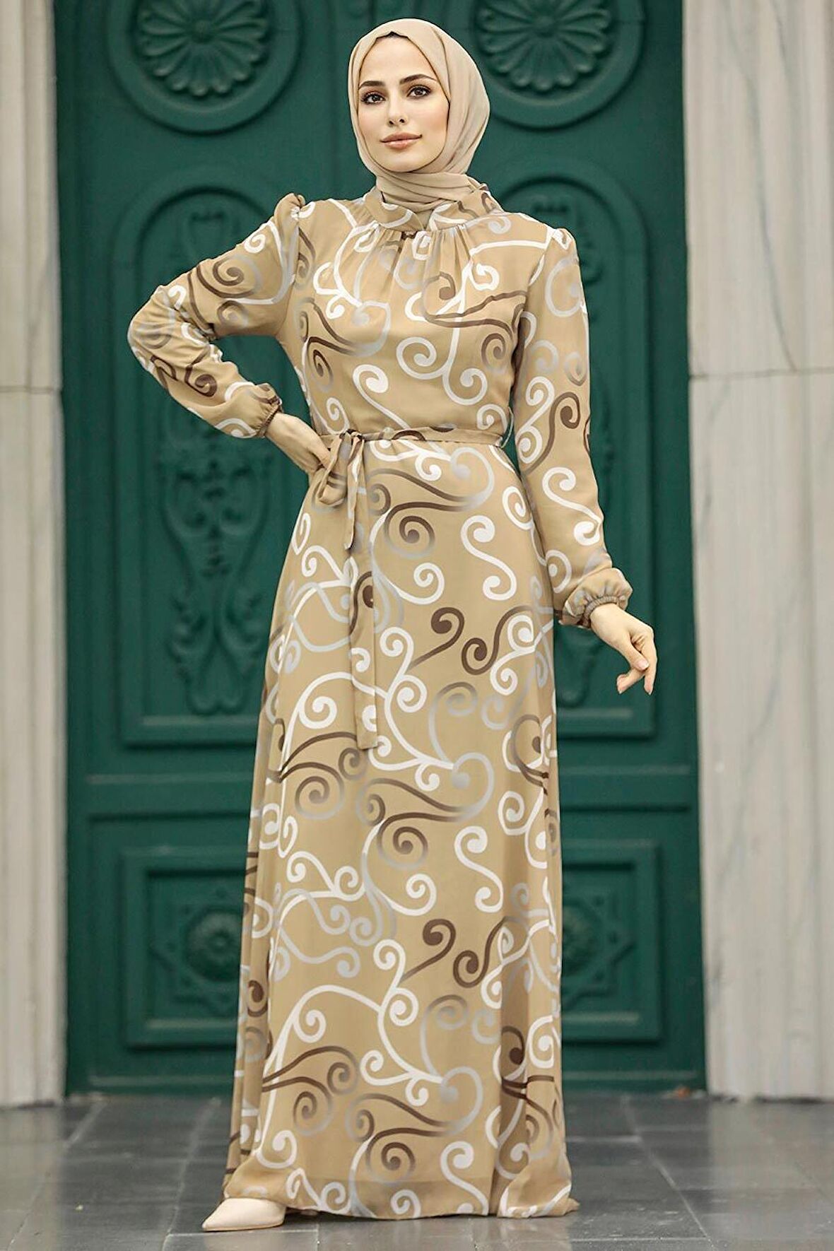 Çiçek Desenli Bisküvi Tesettür Elbise 279329BS