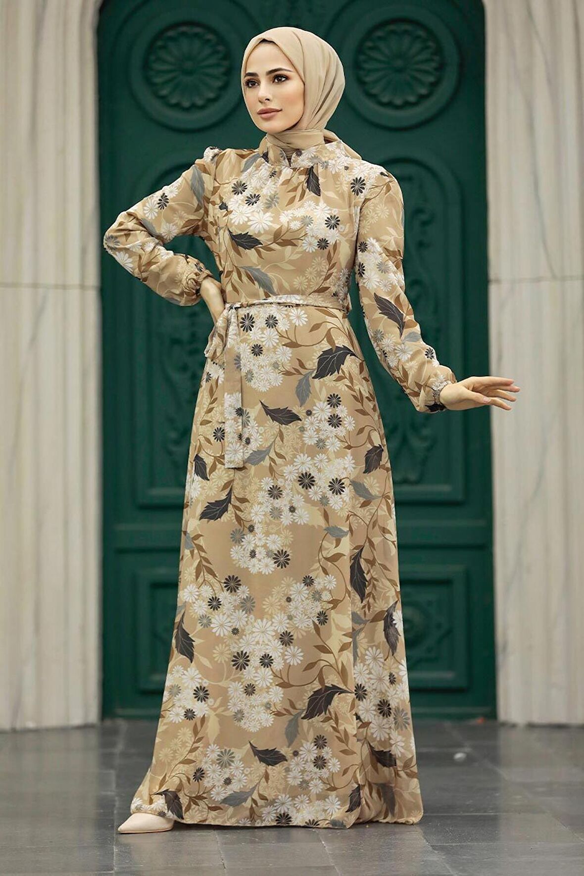 Çiçek Desenli Bisküvi Tesettür Elbise 27950BS