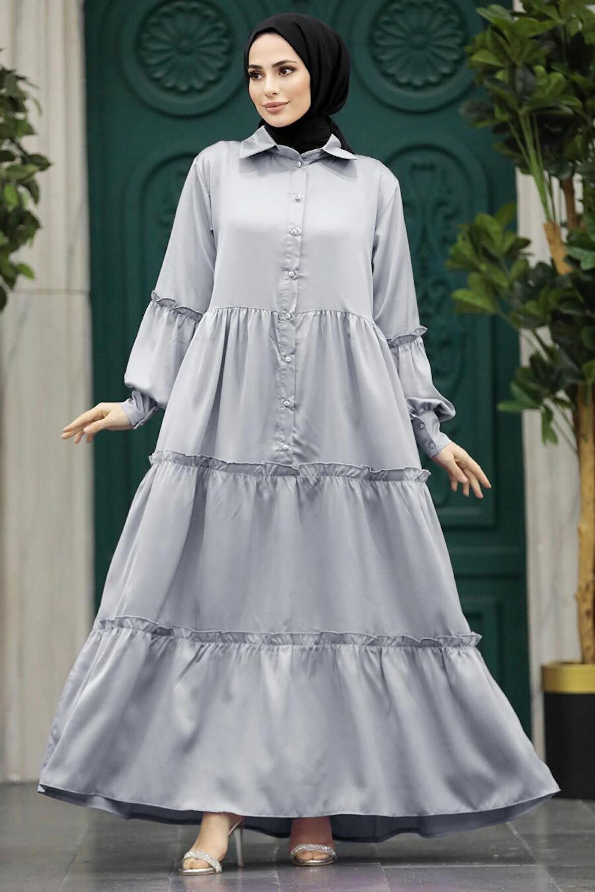 Kat Piliseli Gri Tesettür Elbise 5884GR