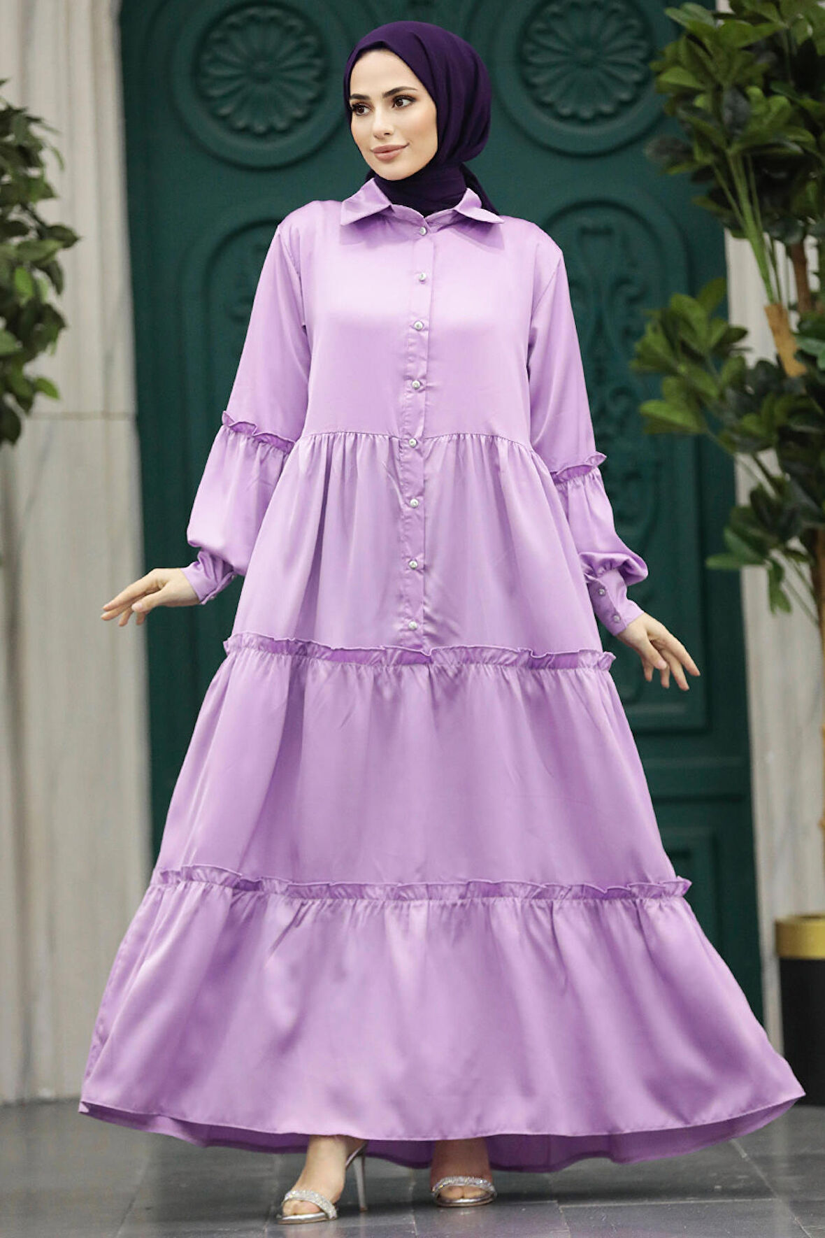 Kat Piliseli Lila Tesettür Elbise 5884LILA
