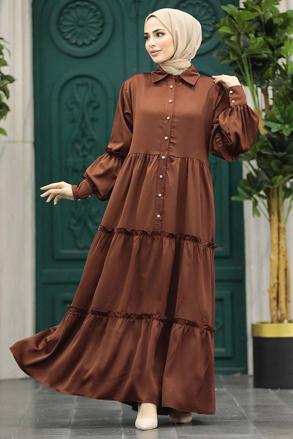 Kat Piliseli Kahverengi Tesettür Elbise 5884KH