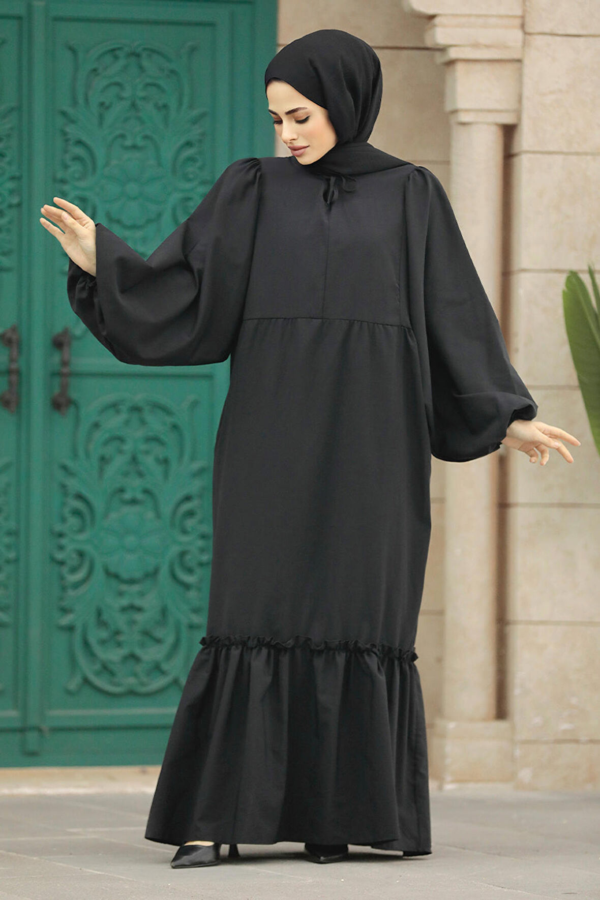 Balon Kol Siyah Tesettür Poplin Elbise 57341S