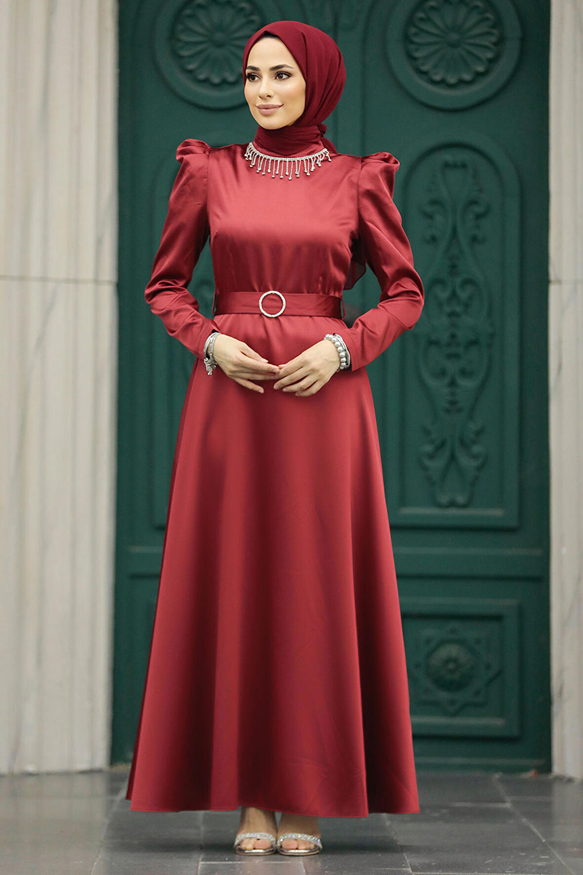 Kemerli Bordo Siyah Tesettür Elbise 7725BR