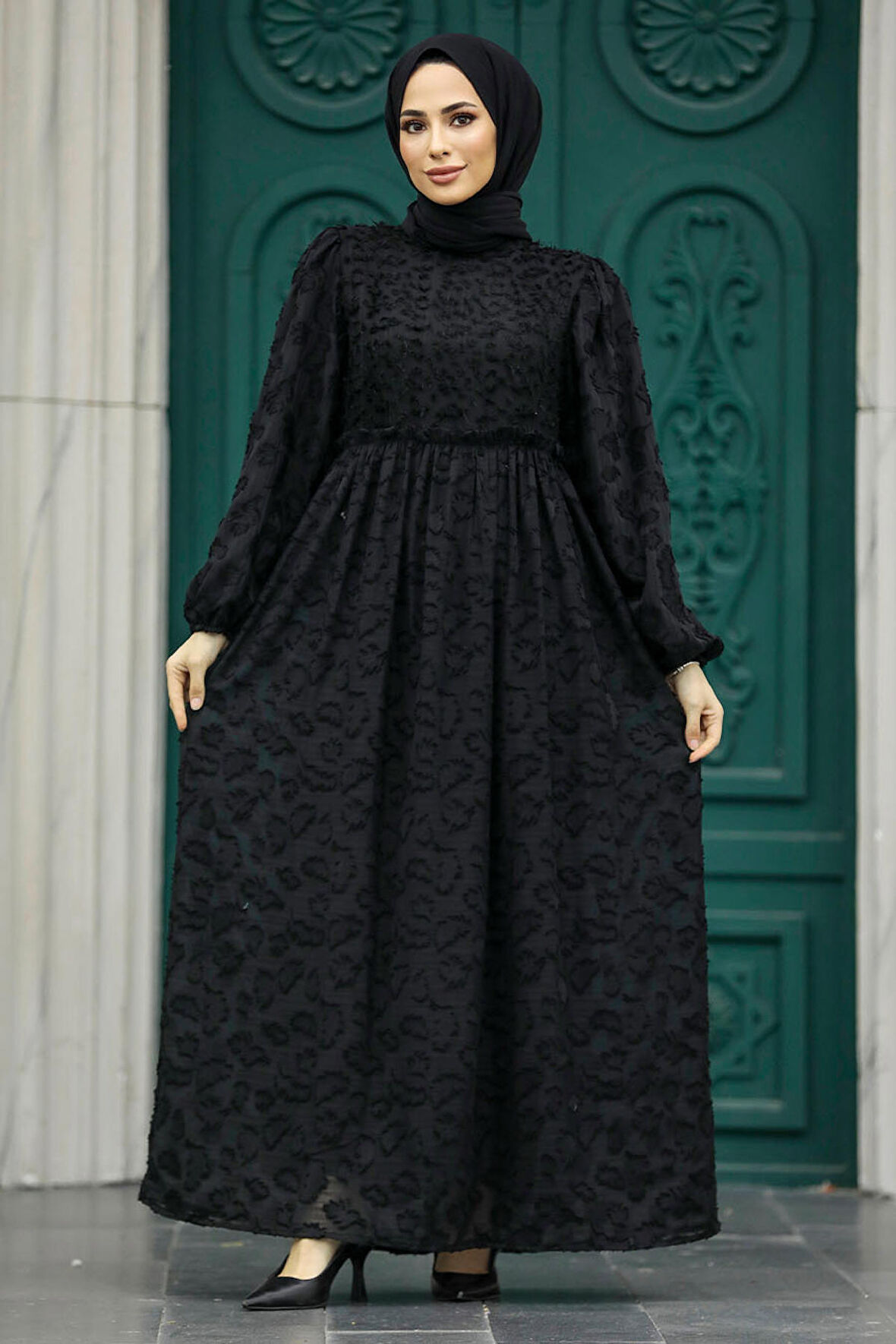 Neva Style - Desenli Siyah Tesettür Elbise 1388S