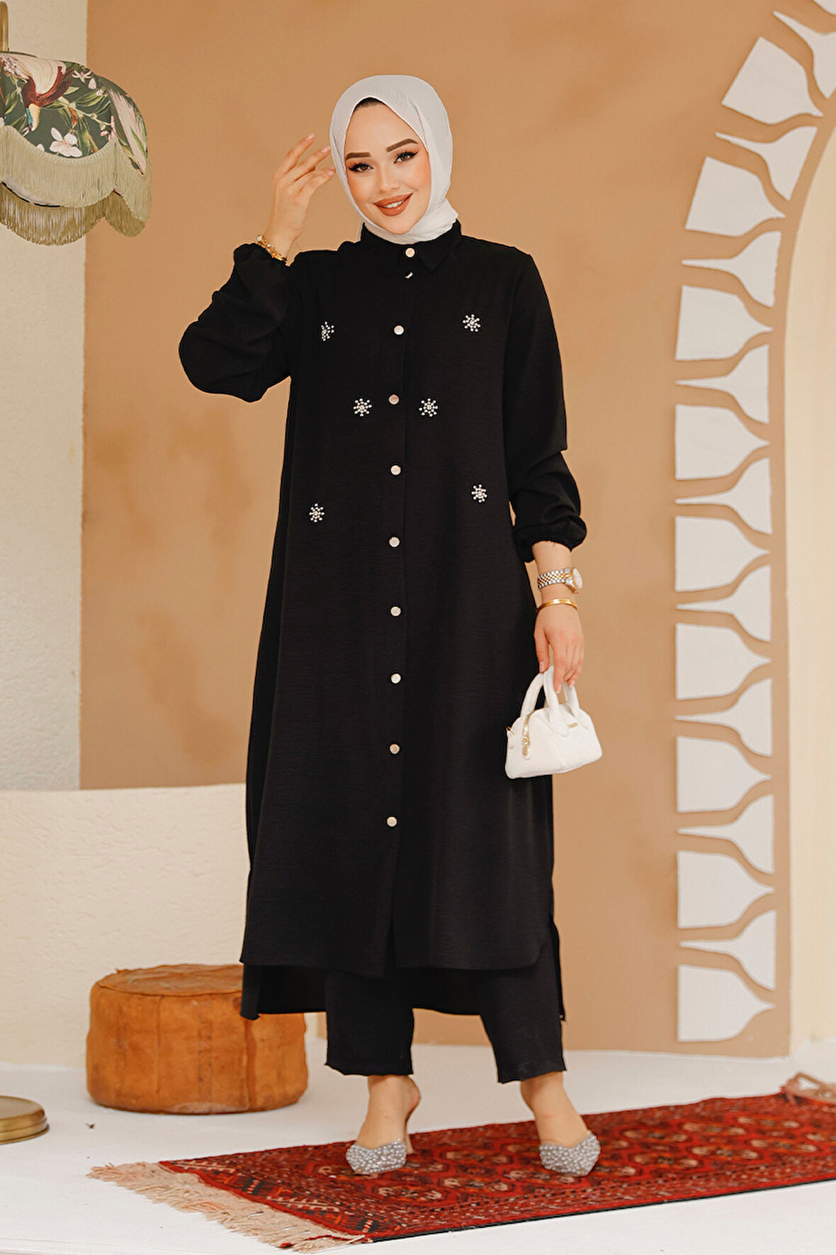 Boncuk Detaylı Siyah Tesettür İkili Takım 12082S