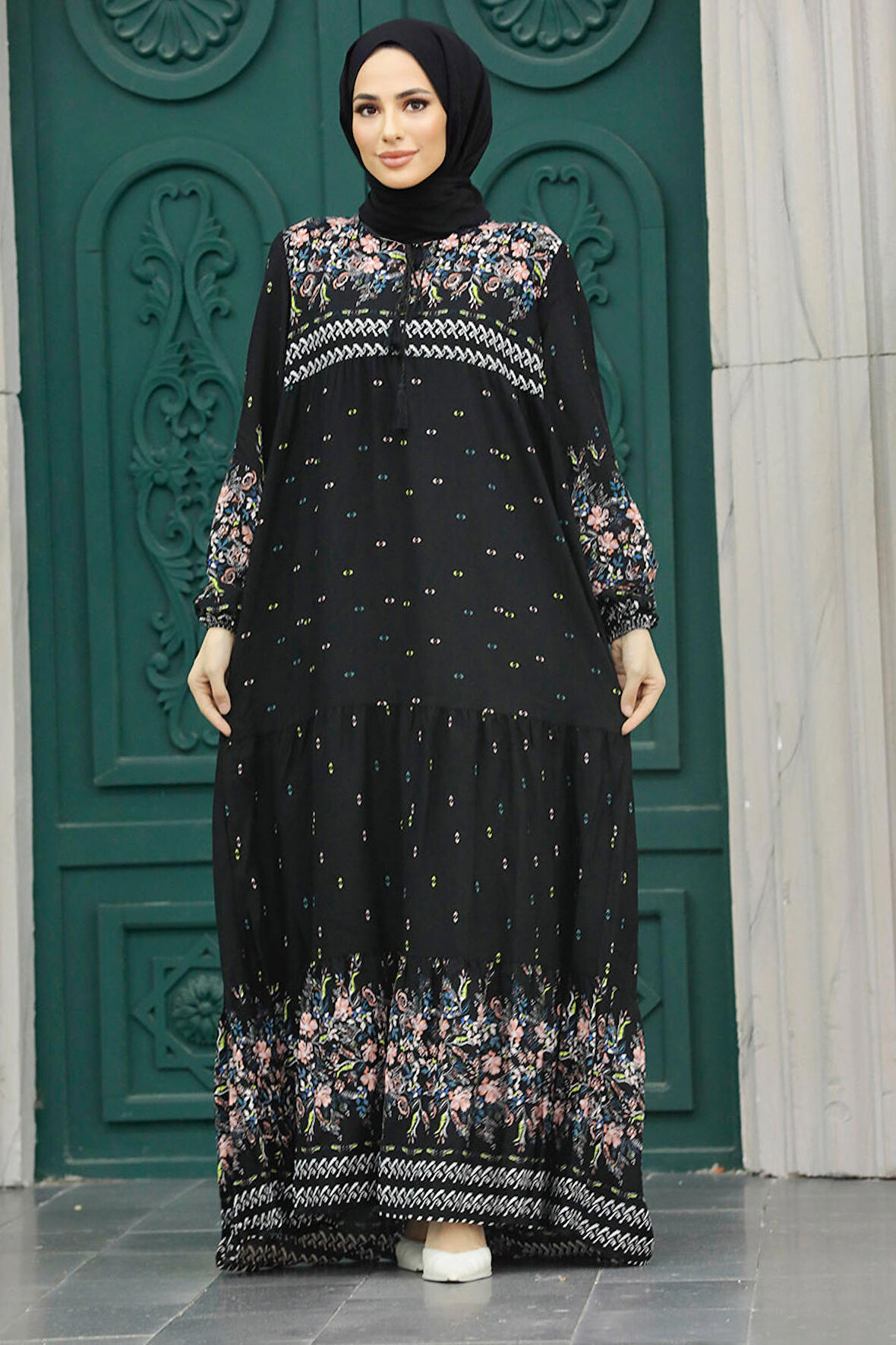 Desenli Siyah Tesettür Elbise 50095S