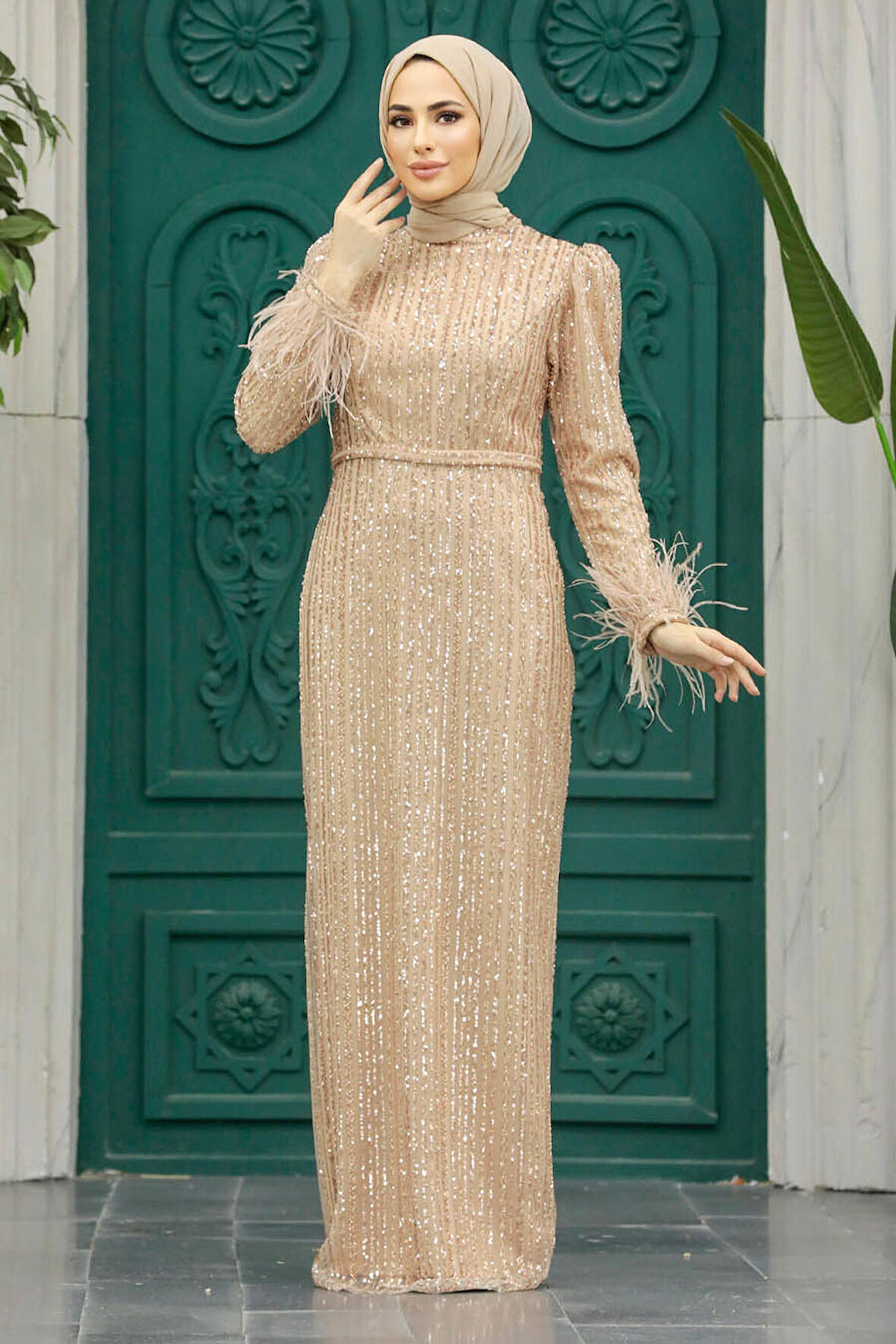 Pul İşlemeli Gold Tesettür Abiye Elbise 23210GOLD
