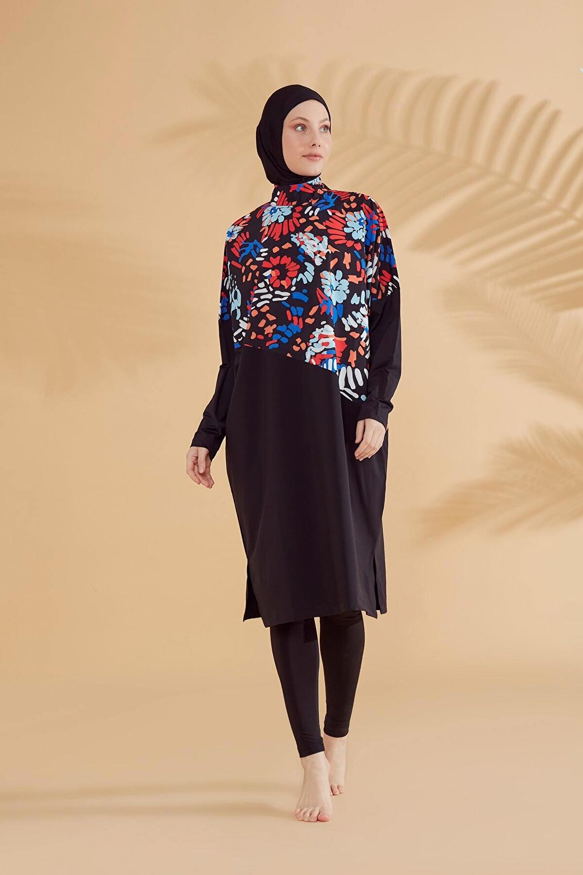 Paraşüt Çiçekli Siyah Tam Kapalı Tesettür Mayo M2313S