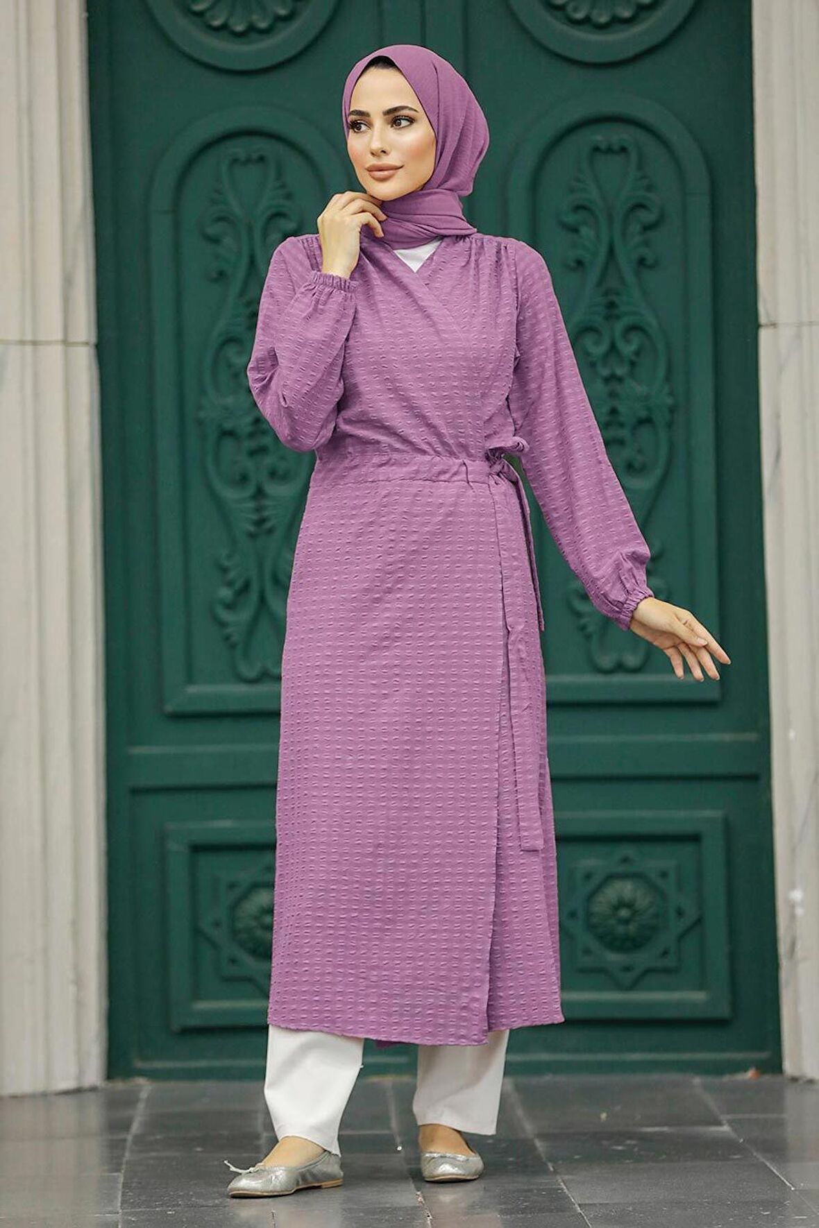 Kemerli Koyu Lila Tesettür Kimono 457KLILA