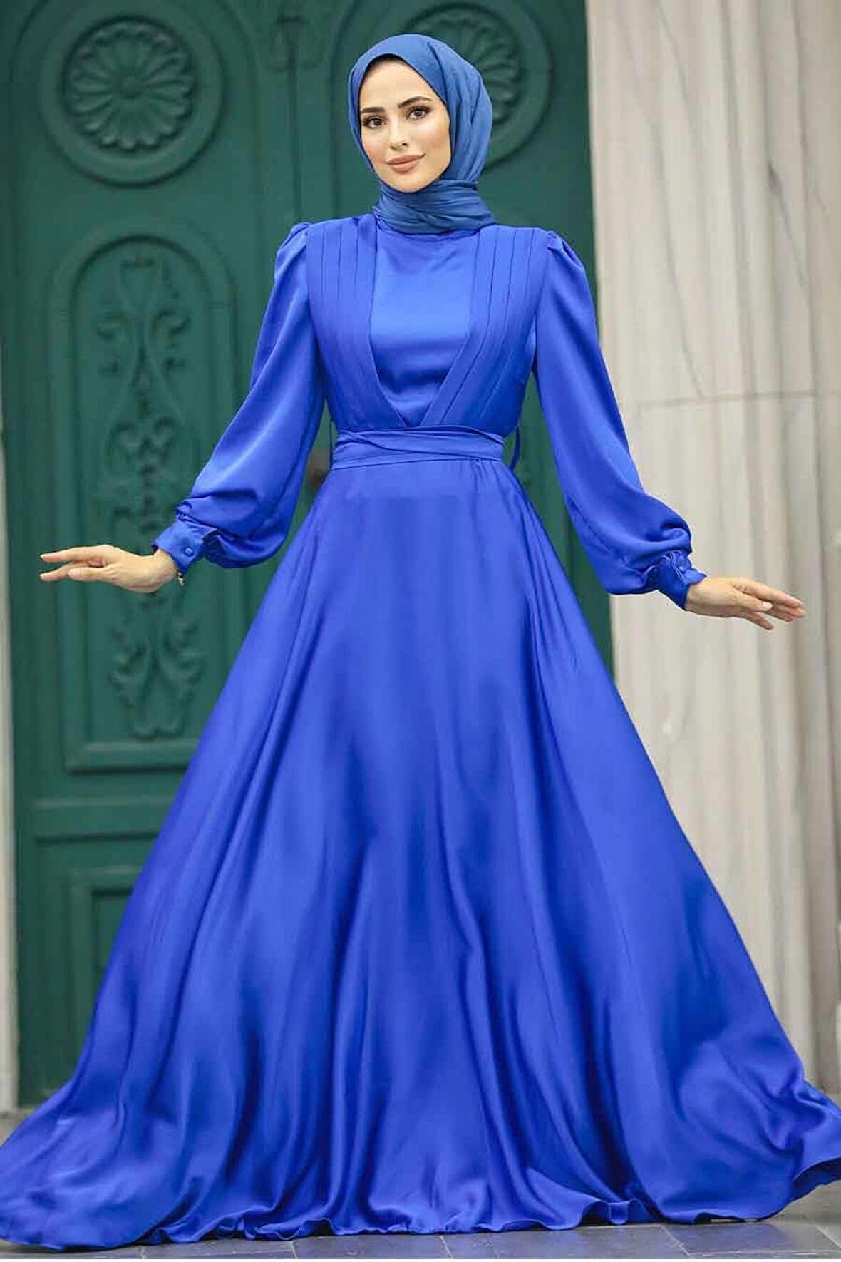 Drape Detaylı Sax Mavisi Tesettür Saten Abiye Elbise 40621SX