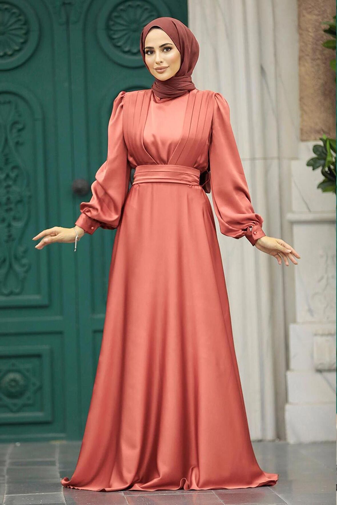 Drape Detaylı Açık Gül Kurusu Tesettür Saten Abiye Elbise 40621AGK