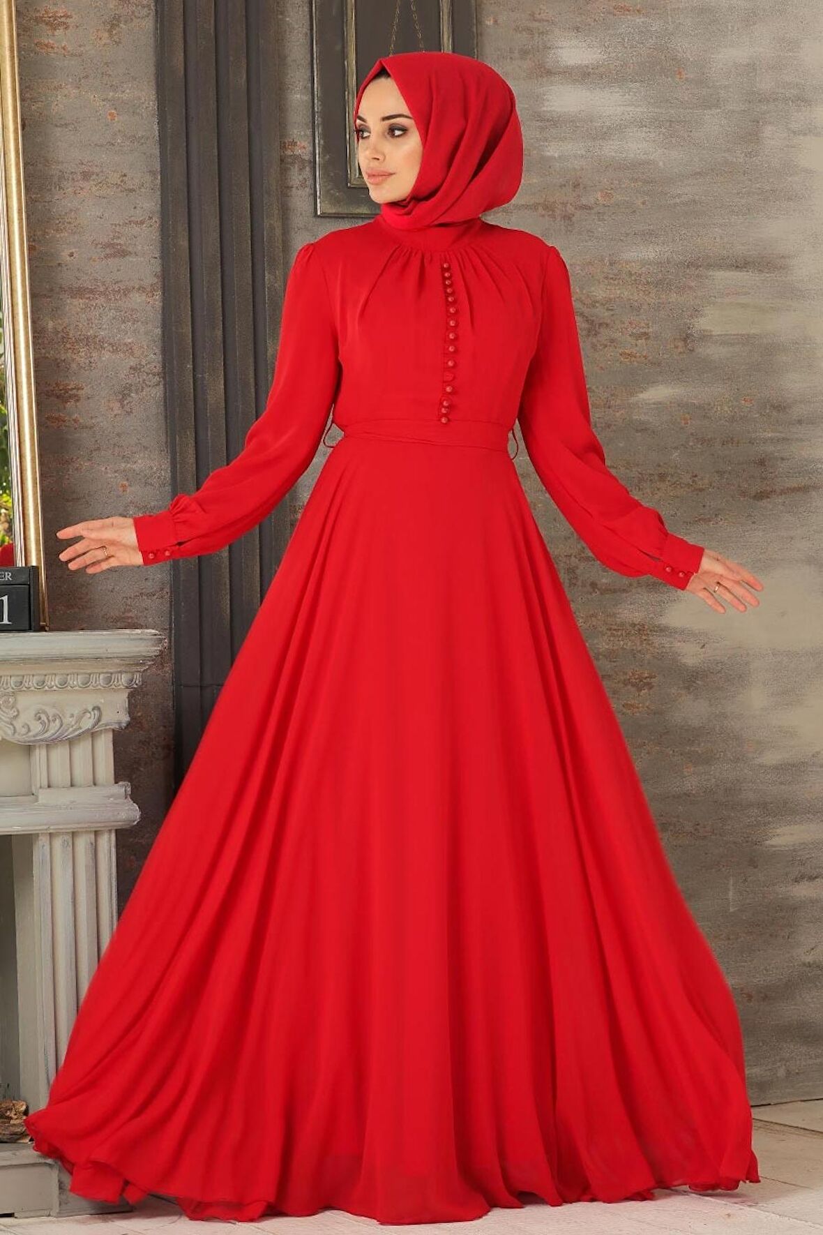 Düğme Detaylı Kırmızı Tesettür Elbise 2703K