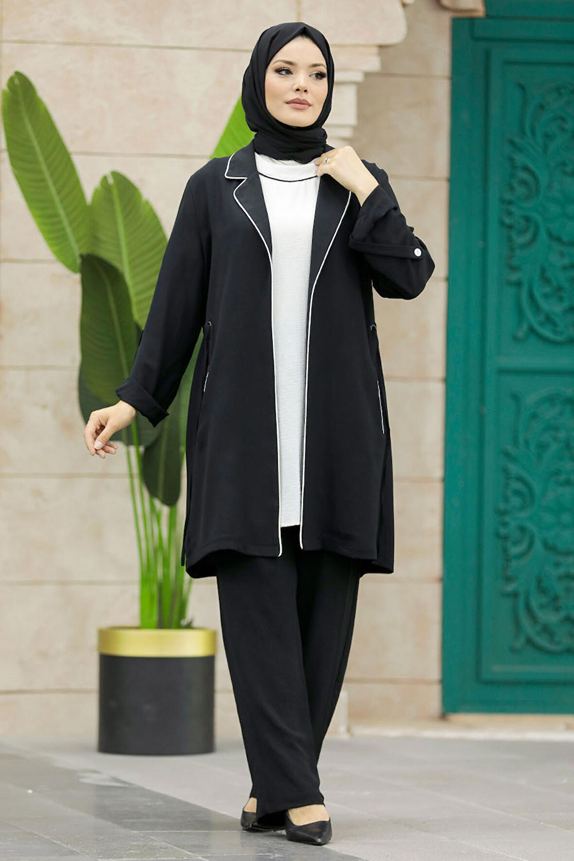 Klasik Yaka Siyah Tesettür Üçlü Takım 34112S