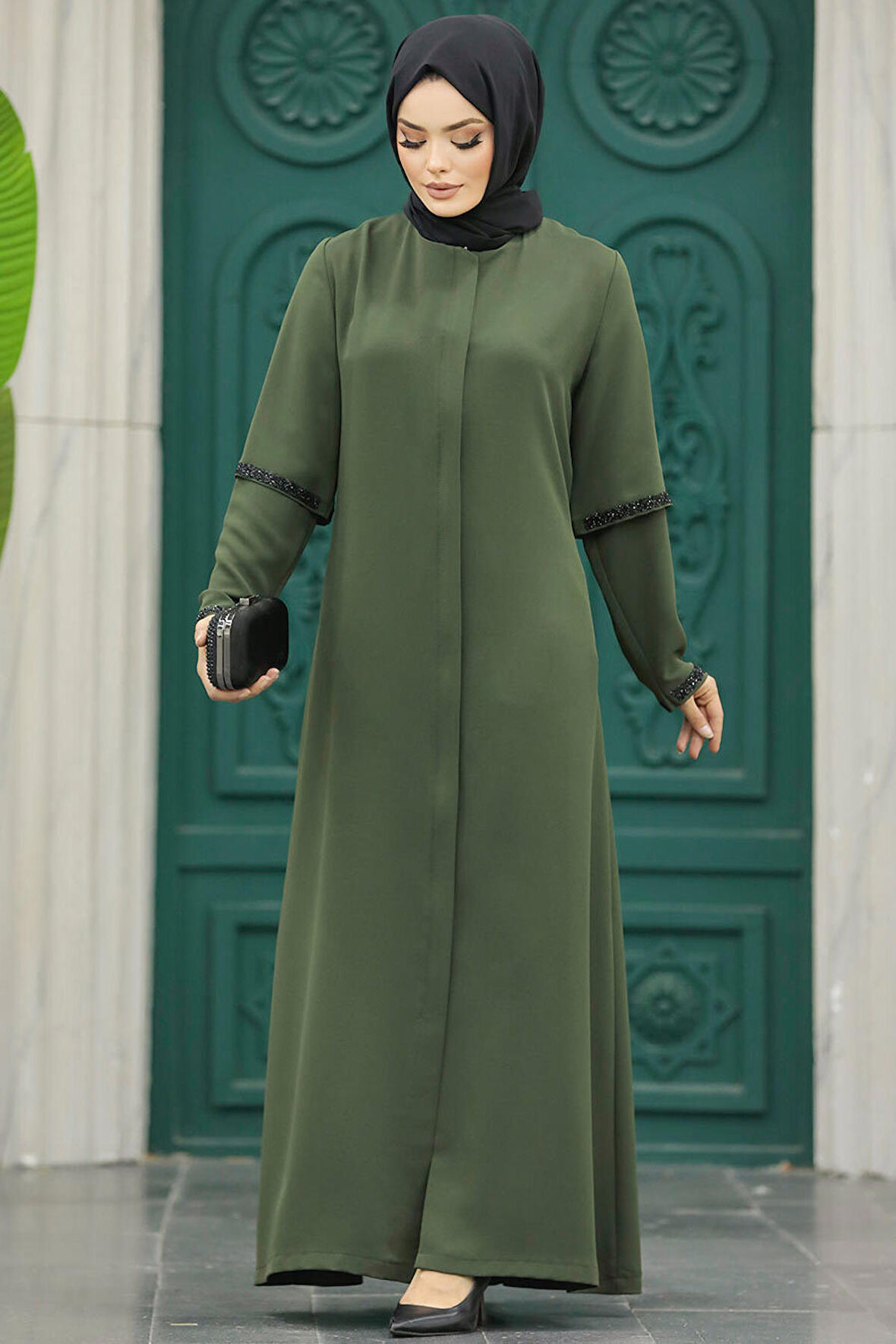 Kolları Detaylı Haki Tesettür Ferace 10091HK